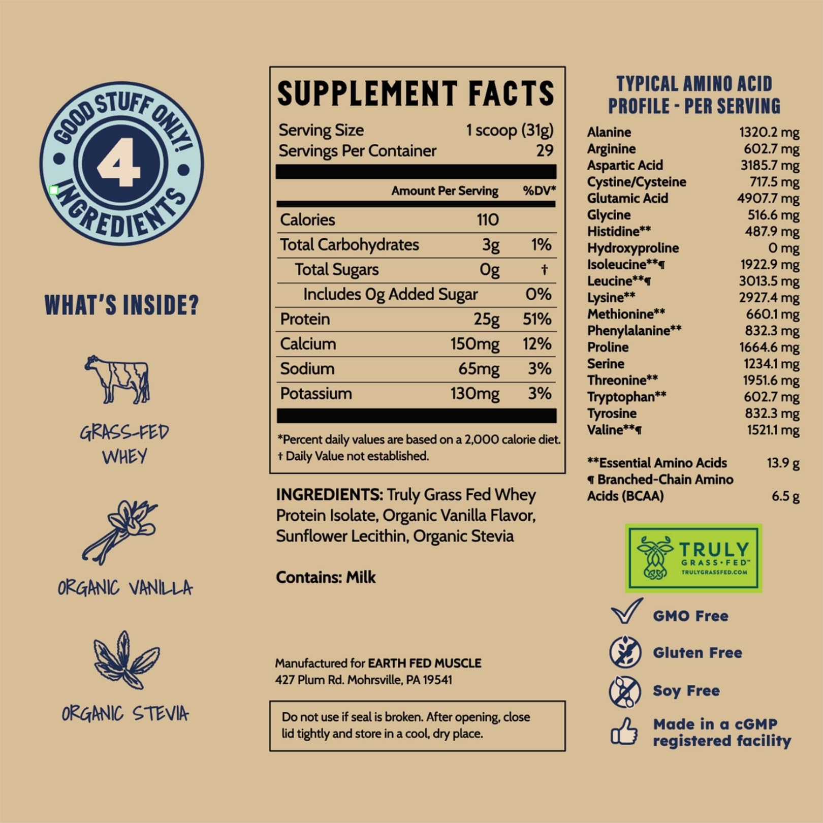 Earth Fed Muscle Whey Back Irish Grass Fed Whey Protein Isolate, Third-Party Certified. 25g Protein, Vanilla - Non-GMO, Hormone Free, Soy Free, Gluten Free - 2 LB, 29 Servings