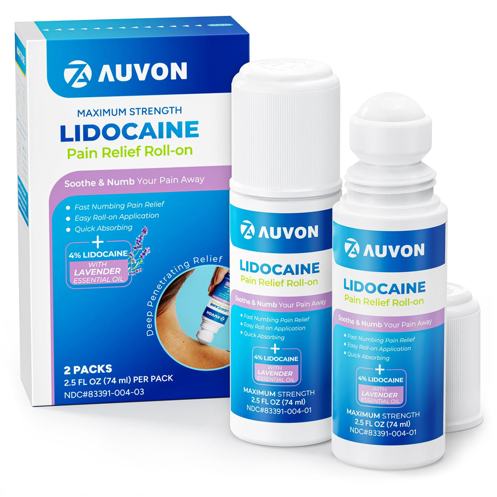 AUVON Max Strength Lidocaine Pain Relief Roll-On with Lavender Essential Oil, No Mess Applicator, Quick Absorbing to Numb & Soothe Pain Relief for Knees, Shoulders, 2.5 Oz, 2 Packs AUVON Au supplements
