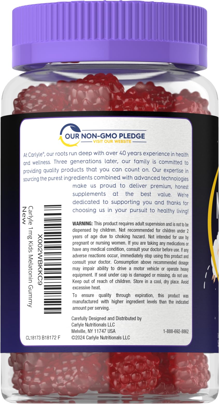 Carlyle Kids Melatonin Gummies | 1 mg 70 Count | Fruit Flavor Gummy | Vegan, Non-GMO, Gluten Free