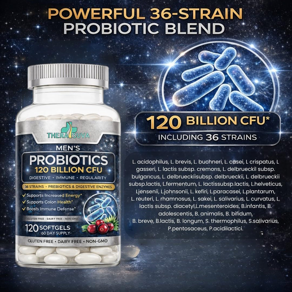 Men’s Advanced Probiotics 120 Billion CFU - 36 Strains + Prebiotics, Enzymes & Veggie Blend for Gut, Immune & Colon Health - 2 Month Supply, 120 Softgels