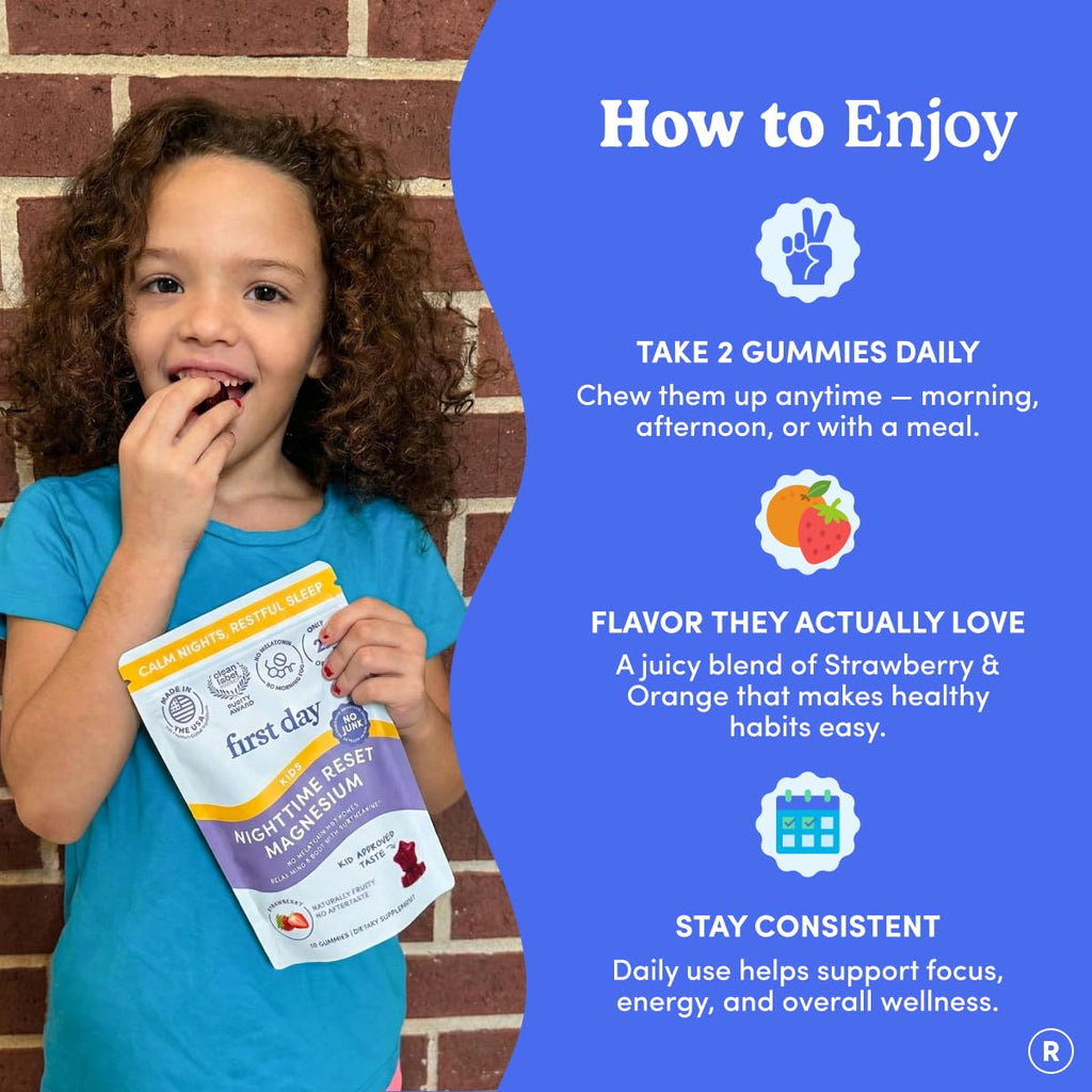 FIRST DAY Kids Magnesium Citrate Gummies (Ages 4+) with No Melatonin | Calm Kids Magnesium Gummies | Bedtime Supplement for Better Sleep with Suntheanine