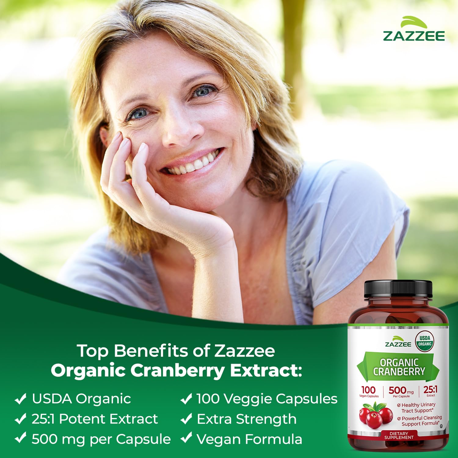Zazzee USDA Organic Cranberry 25:1 Extract, 500 mg per Capsule, 100 Vegan Capsules, 3+ Month Supply, Certified Kosher, Vaccinium Macrocarpon, Urinary Tract & Bladder Support