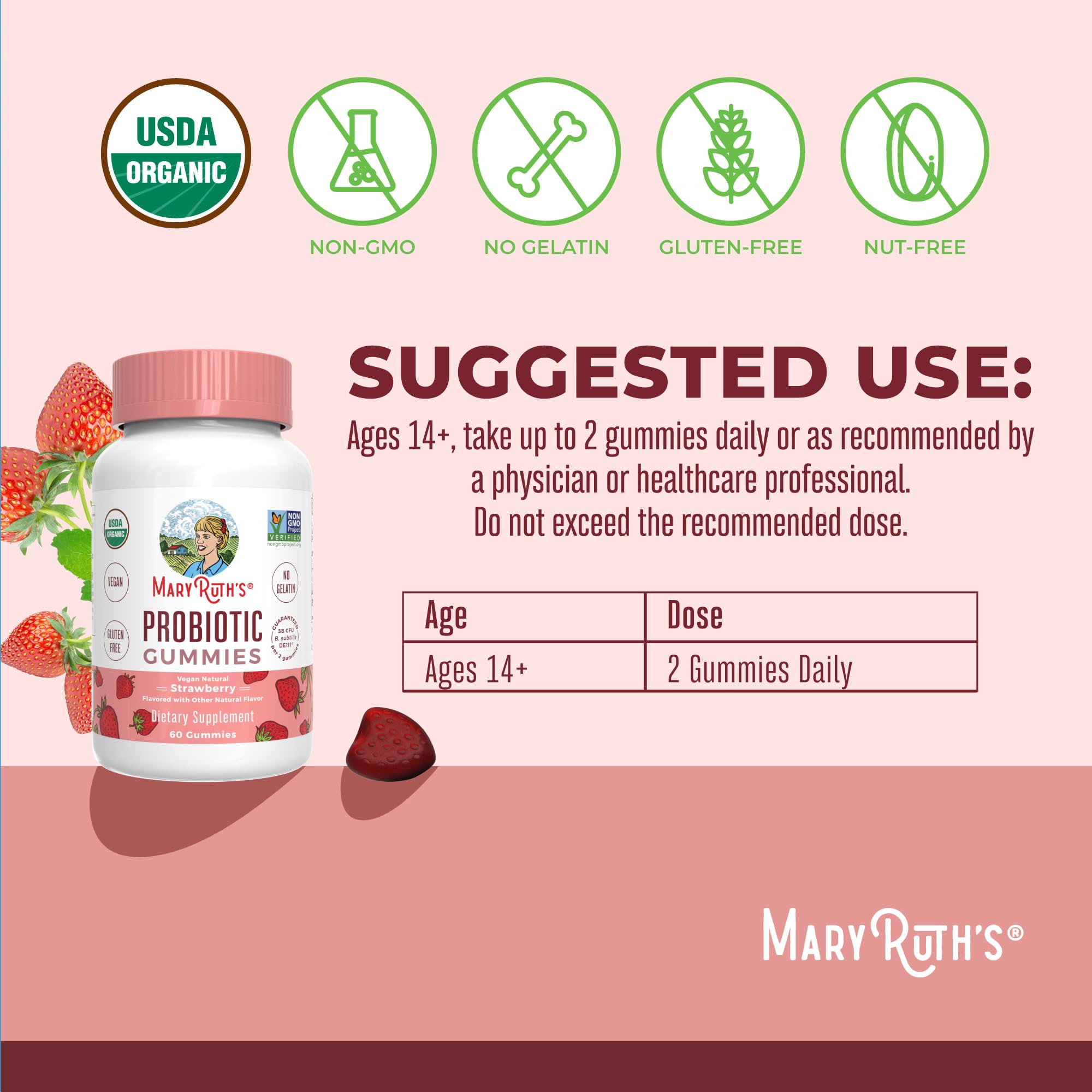 MARYRUTH'S USDA Organic Probiotic Gummies Probiotic Digestive Support | Immune Support | Digestive & Gut Health Supplement | 5 Billion CFU