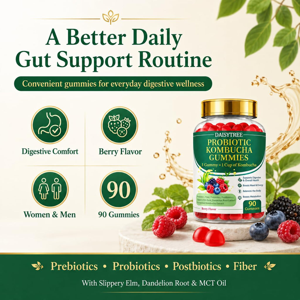 PRIMEHAVEN Probiotic Kombucha Gummies - Prebiotics, Probiotics, Postbiotics, Fiber Supplement, Slippery Elm, Dandelion Root, for Bloating, Gut Health