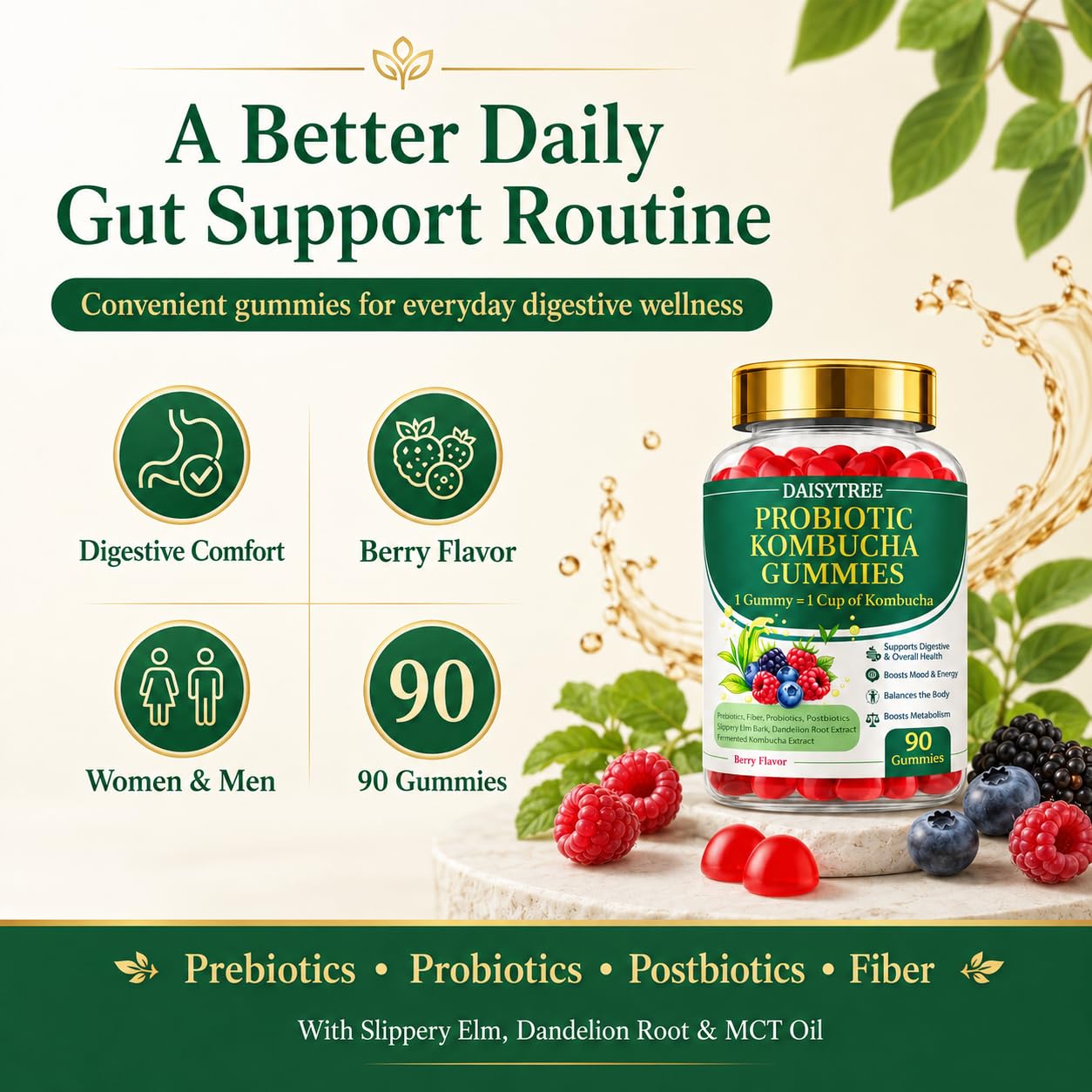 PRIMEHAVEN Probiotic Kombucha Gummies - Prebiotics, Probiotics, Postbiotics, Fiber Supplement, Slippery Elm, Dandelion Root, for Bloating, Gut Health