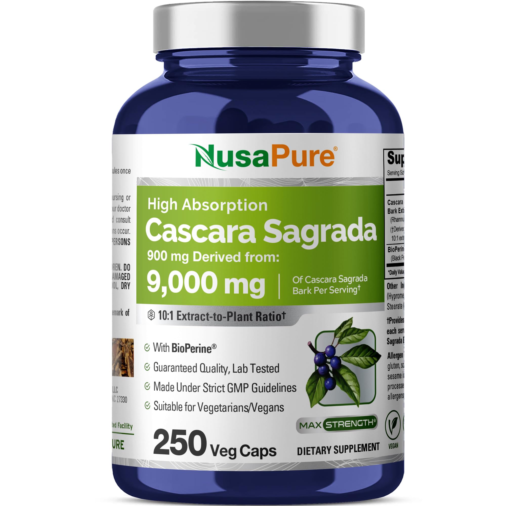 NusaPure Cascara Sagrada 10:1 Extract, 900 mg Equivalent to 9,000 mg per Veggie Caps - 250 Capsules (Non-GMO, Vegan) NusaPure Au supplements