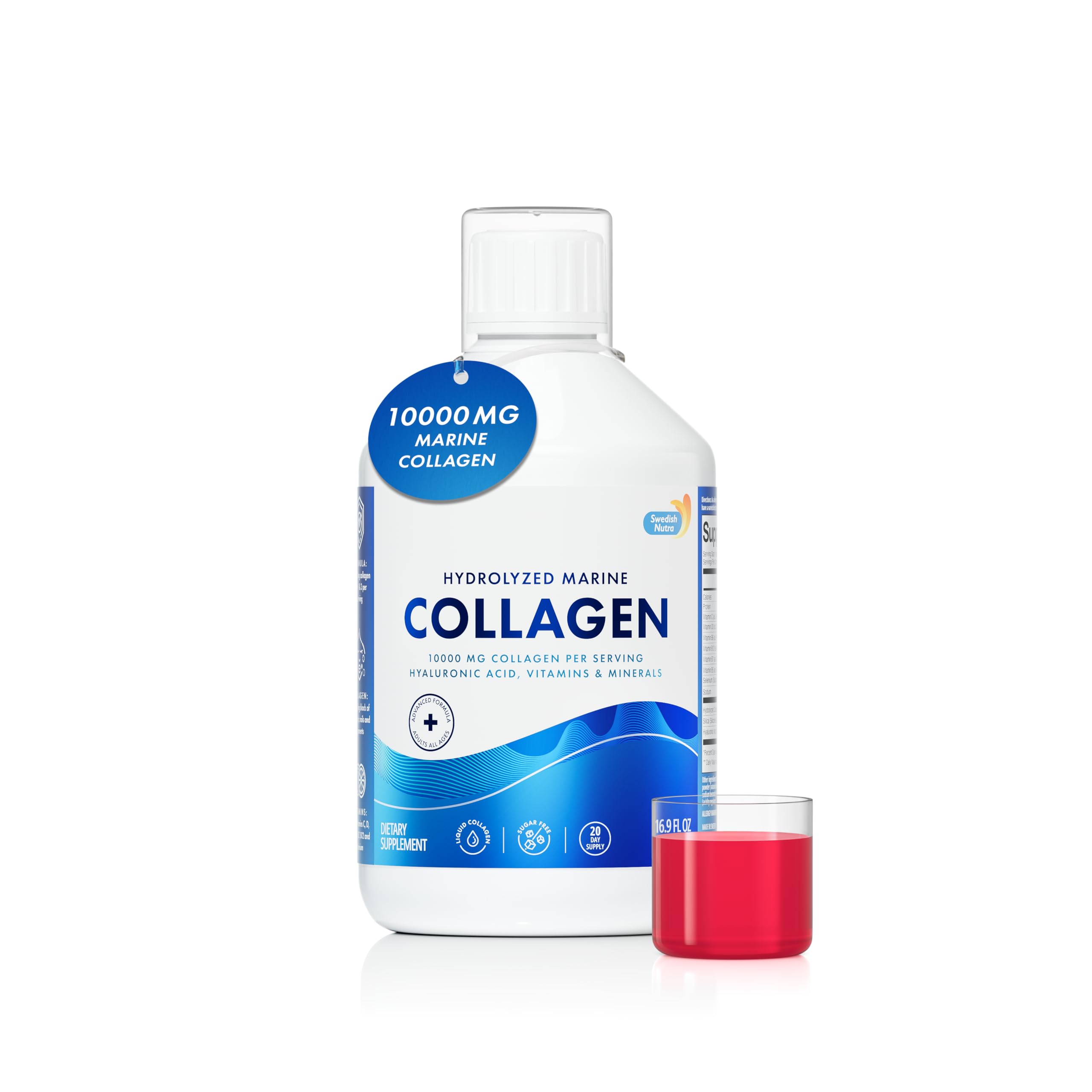 Swedish Nutra 10,000 mg Hydrolyzed Marine Collagen Liquid Supplement - 500 ml, 20 Day Supply | Hyaluronic Acid, Biotin & Vitamin C for Healthy Hair, Skin, Nails & Joints | For Men & Women | Sugar-Free Swedish Nutra Au supplements