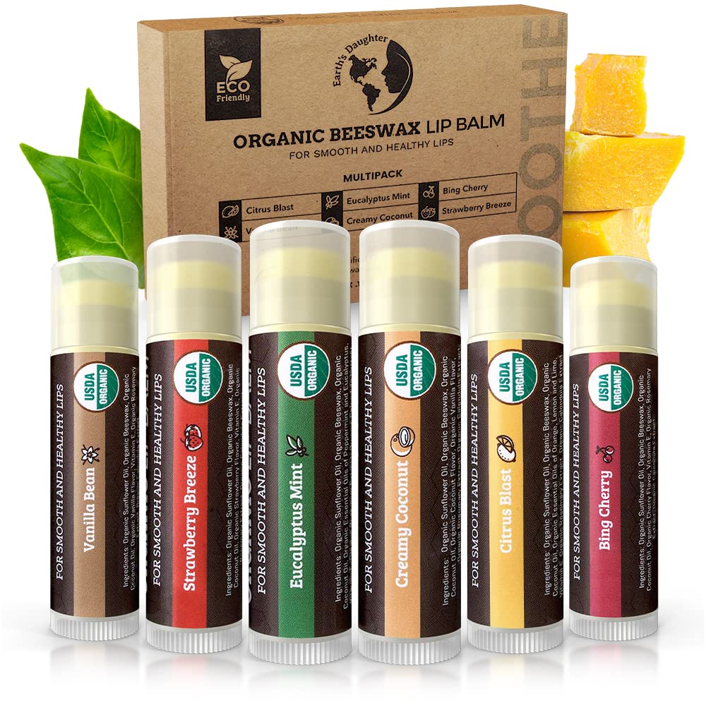 Earth's Daughter USDA Organic Lip Balm 6-Pack - Fruit Flavors, Beeswax, Coconut Oil, Vitamin E - Best Lip Repair
