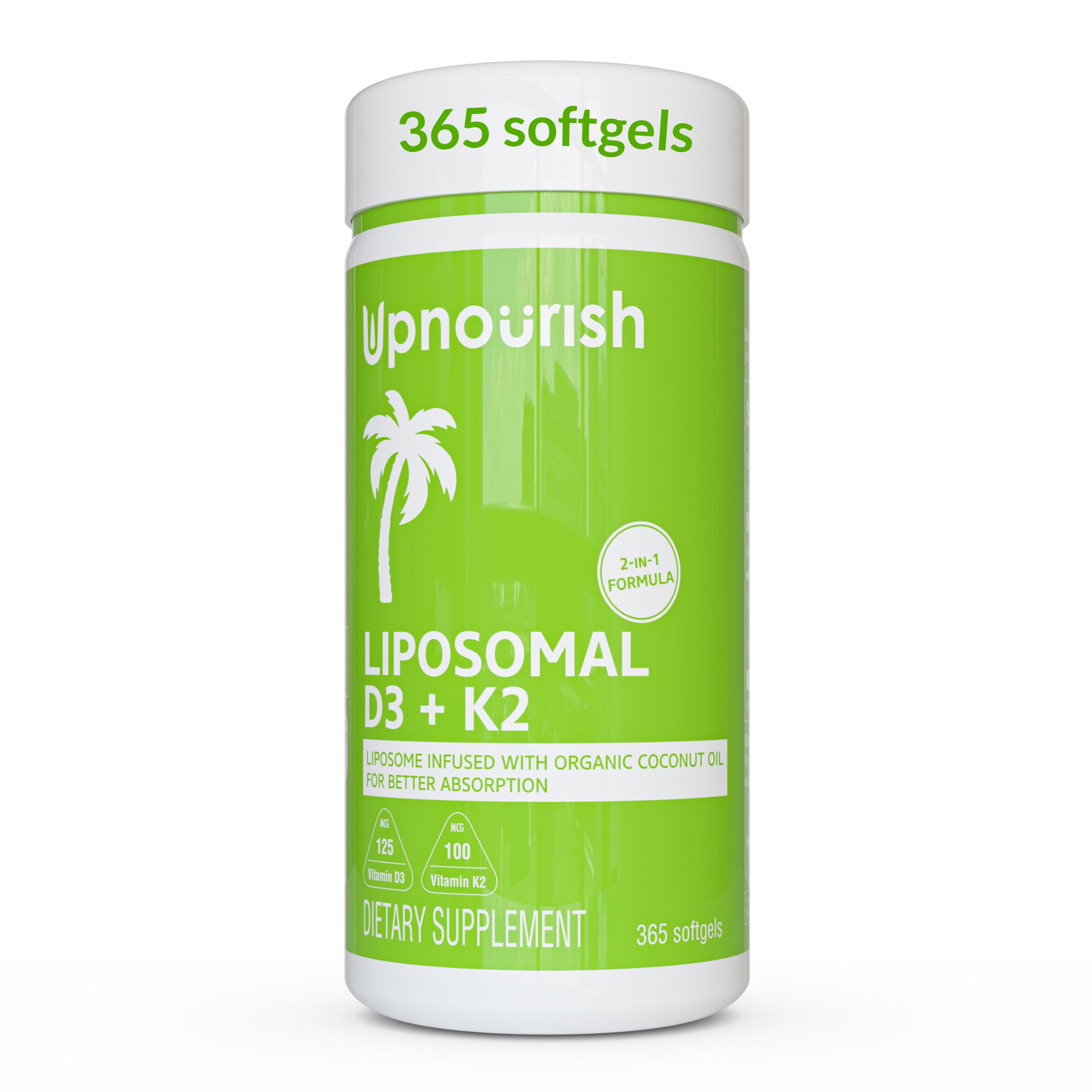 UpNourish Liposomal D3 K2 MK-7 – 365 Mini softgels with Organic Coconut Oil - 5000 IU 125 mcg Vitamin D3 and 100 mcg Vitamin k2