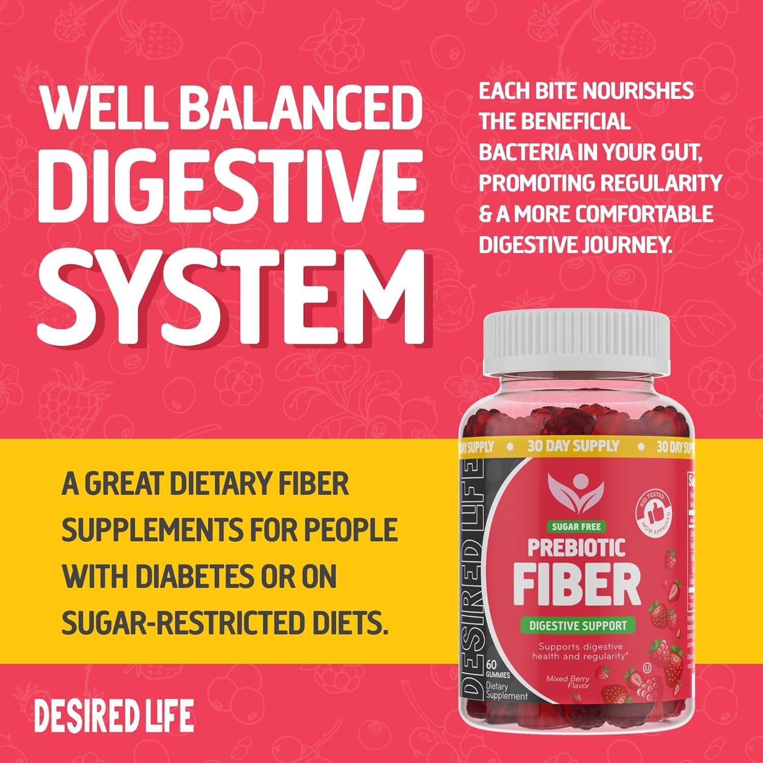 Desired Life Prebiotic Fiber Gummies for Adults and Kids – 4g Sugar Free Natural Berry Flavored Gummies - Supports Digestive Health