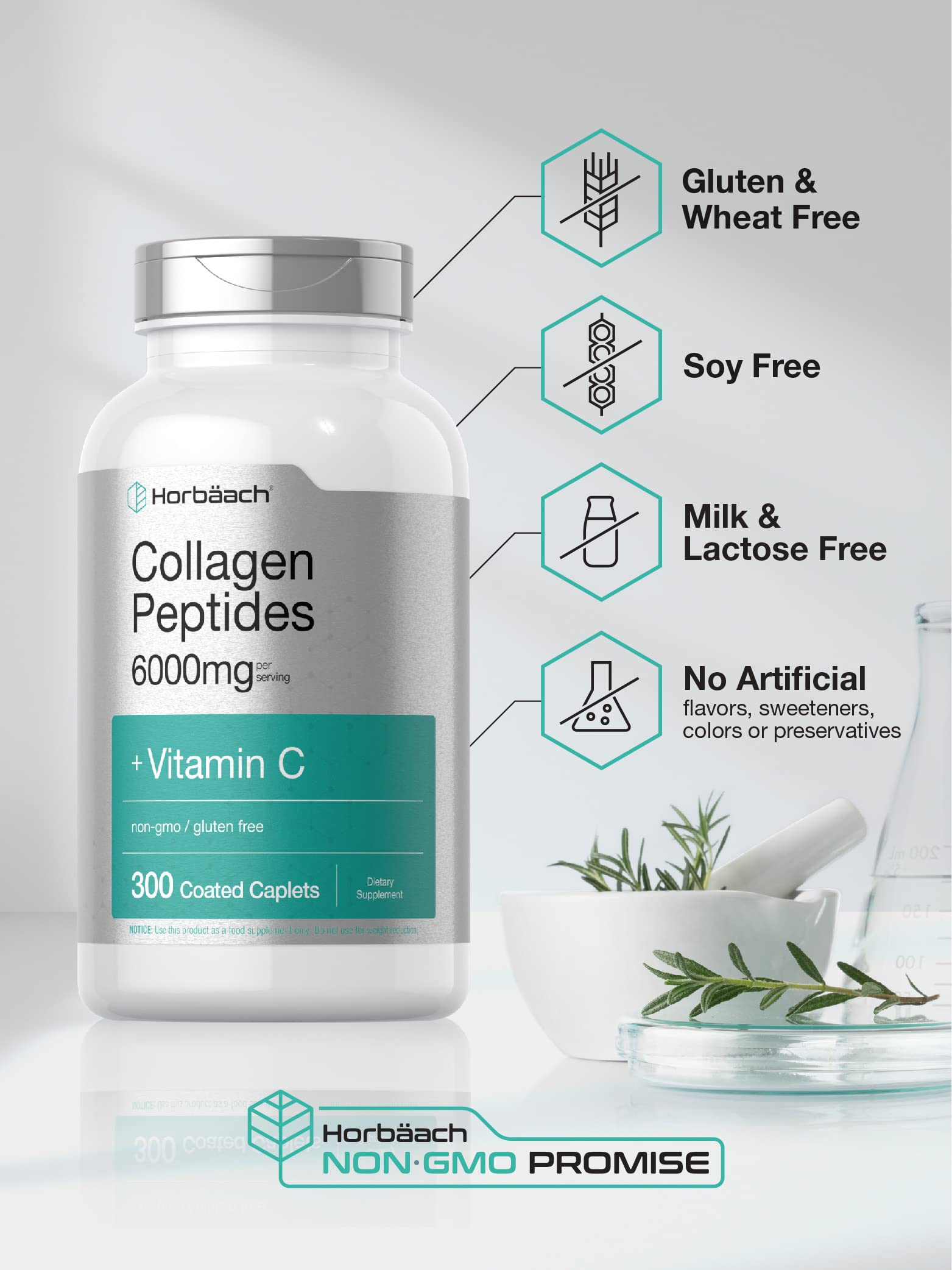 Horbäach Collagen Peptides 6000mg | 300 Caplet Pills | with Vitamin C | Hydrolyzed Collagen Supplement | Non-GMO, Gluten Free Horbäach Au supplements