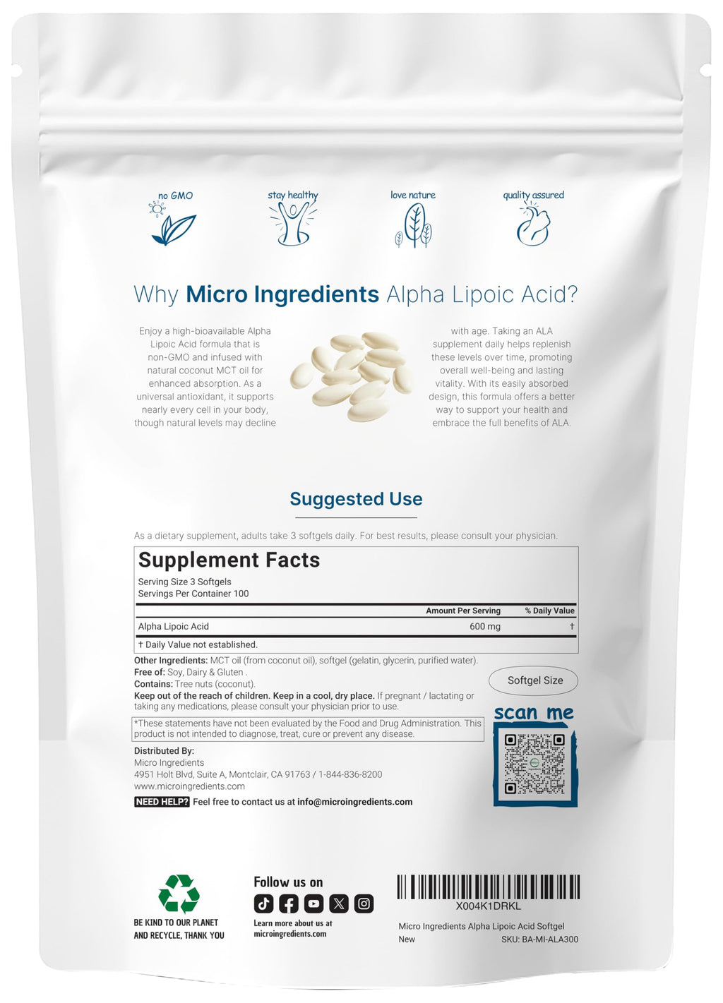 Micro Ingredients Alpha Lipoic Acid 600mg with MCT Oil, 300 Softgels | ALA Supplement for Liver, Antioxidants, Nerve, Cardiovascular Health Support