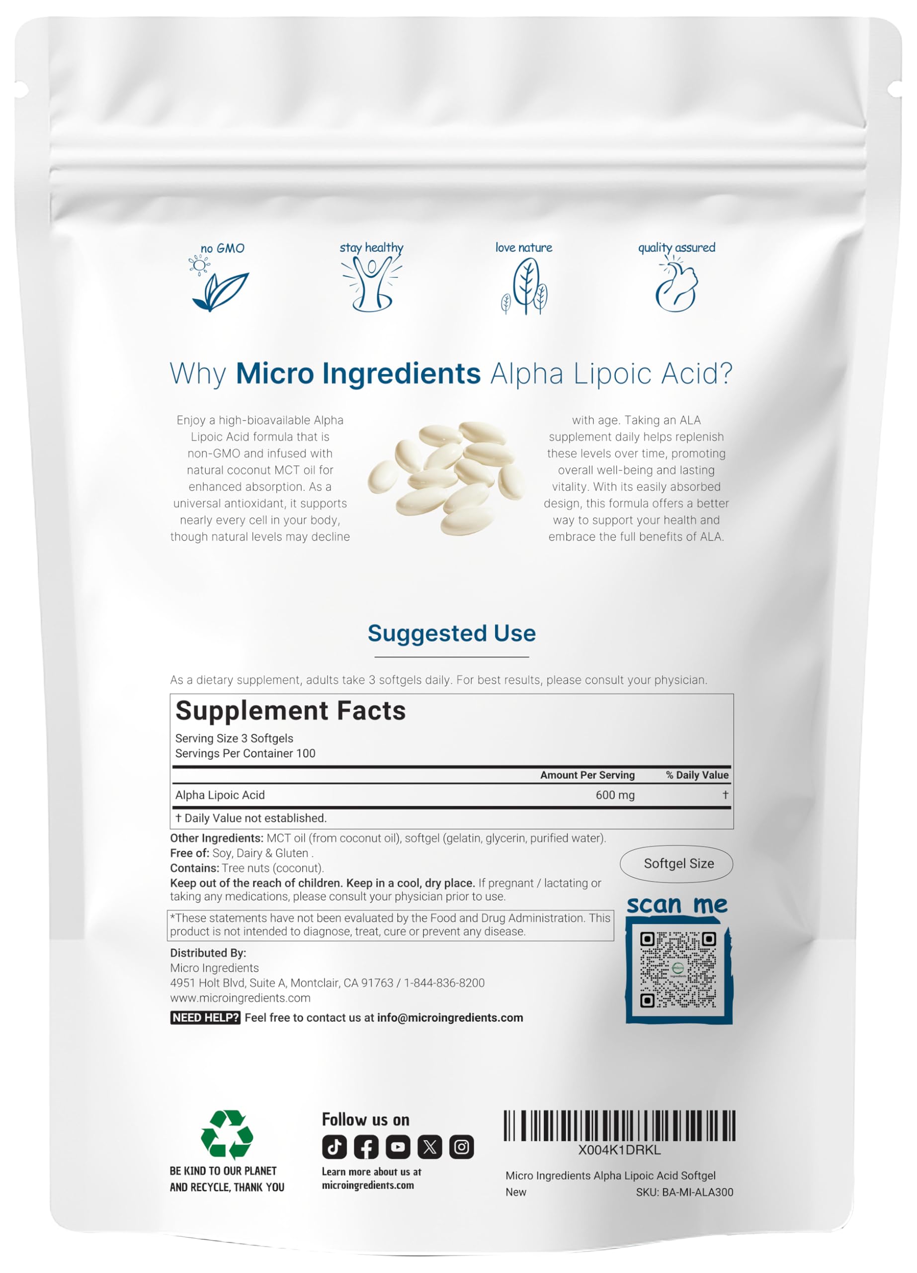 Micro Ingredients Alpha Lipoic Acid 600mg with MCT Oil, 300 Softgels | ALA Supplement for Liver, Antioxidants, Nerve, Cardiovascular Health Support