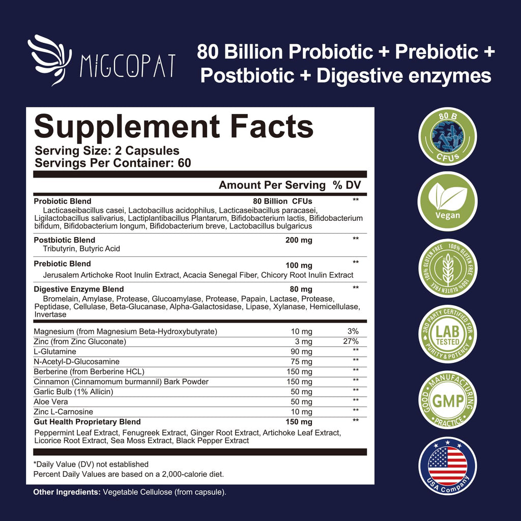 Migcopat Probiotics for Digestive Health, 80 Billion CFU Probiotics, Prebiotics, Postbiotics & Digestive Enzymes, Gut Health Capsules with Berberine, Cinnamon,