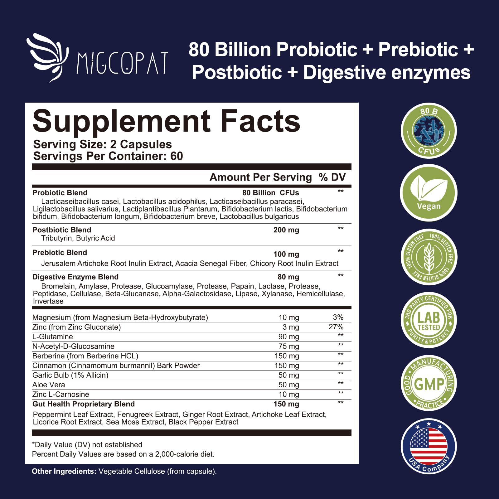 Migcopat Probiotics for Digestive Health, 80 Billion CFU Probiotics, Prebiotics, Postbiotics & Digestive Enzymes, Gut Health Capsules with Berberine, Cinnamon,