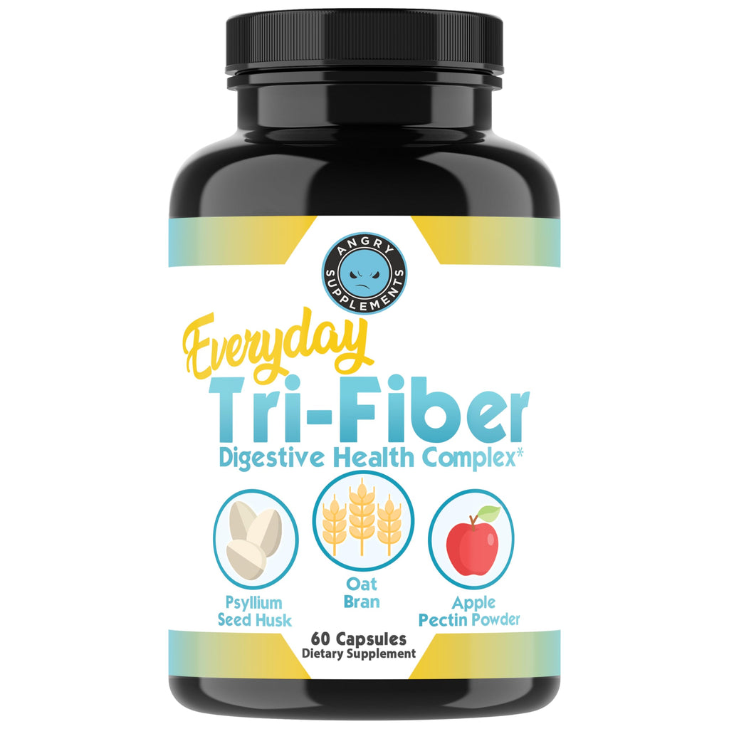 Angry Supplements Tri-Fiber Digestive Health Complex – Psyllium Husk, Oat Bran & Apple Pectin – Prebiotic Fiber for Gut Health & Regularity – 60 Capsules (2-Bottles)