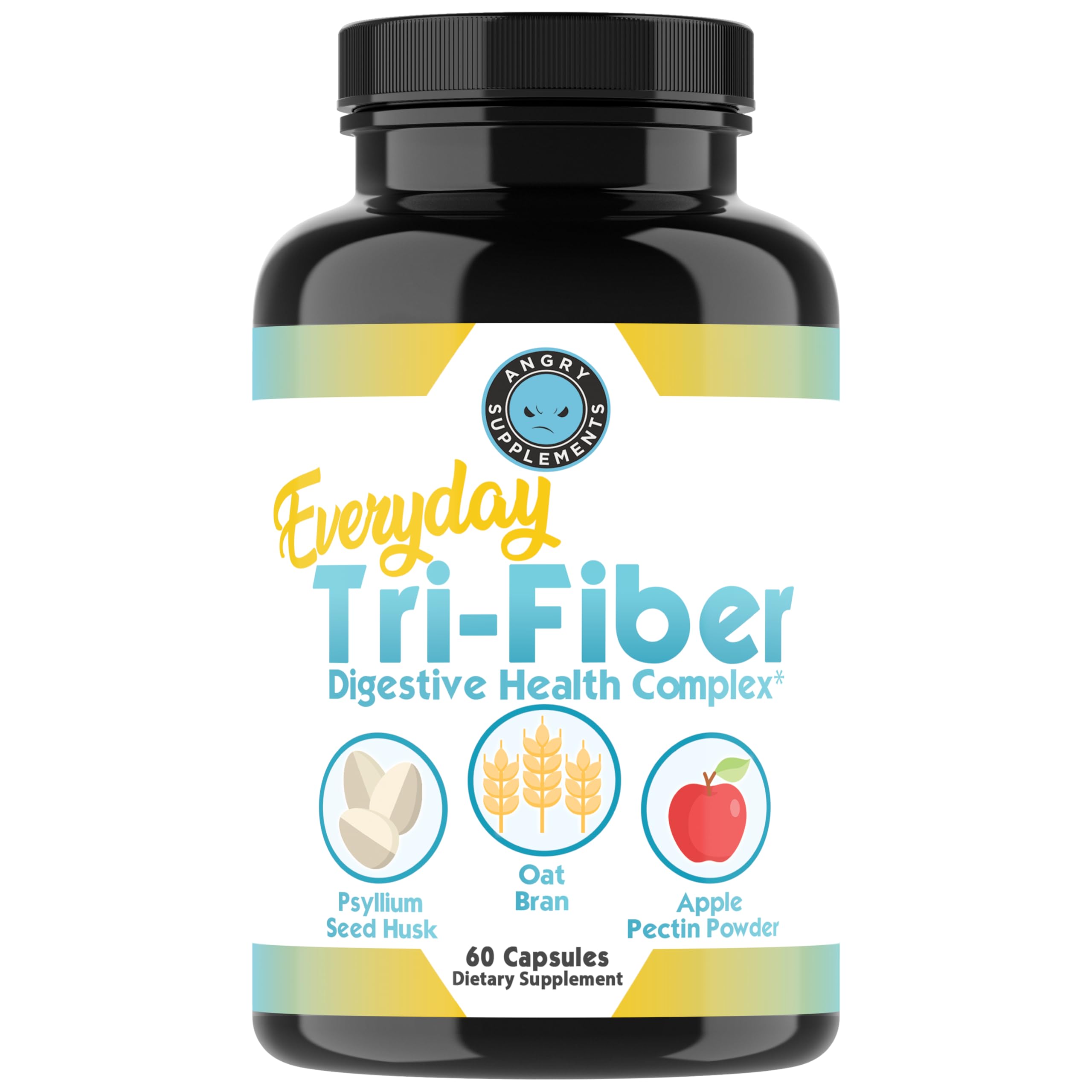 Angry Supplements Tri-Fiber Digestive Health Complex – Psyllium Husk, Oat Bran & Apple Pectin – Prebiotic Fiber for Gut Health & Regularity – 60 Capsules (2-Bottles)