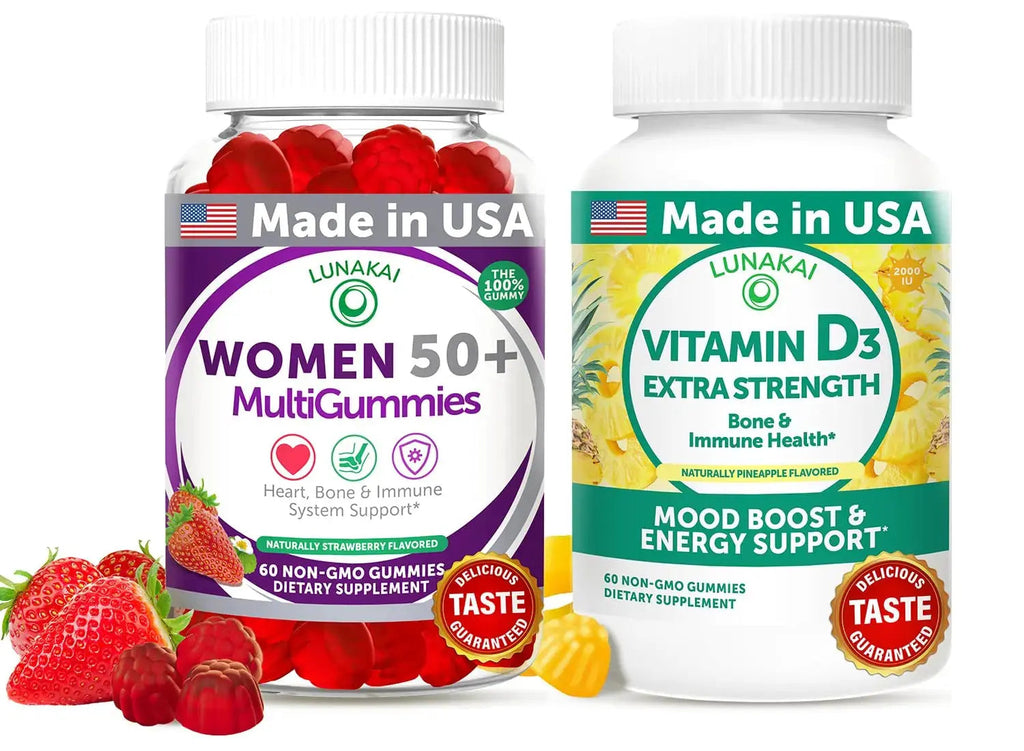 Lunakai USA Made Women’s 50+ Multivitamin & Vitamin D3 Gummies Bundle, Supports Bone, Heart, Immune & Energy Health, Non-GMO, Gluten-Free, Delicious Strawberry & Pineapple Flavors, 60ct Each Lunakai Au supplements