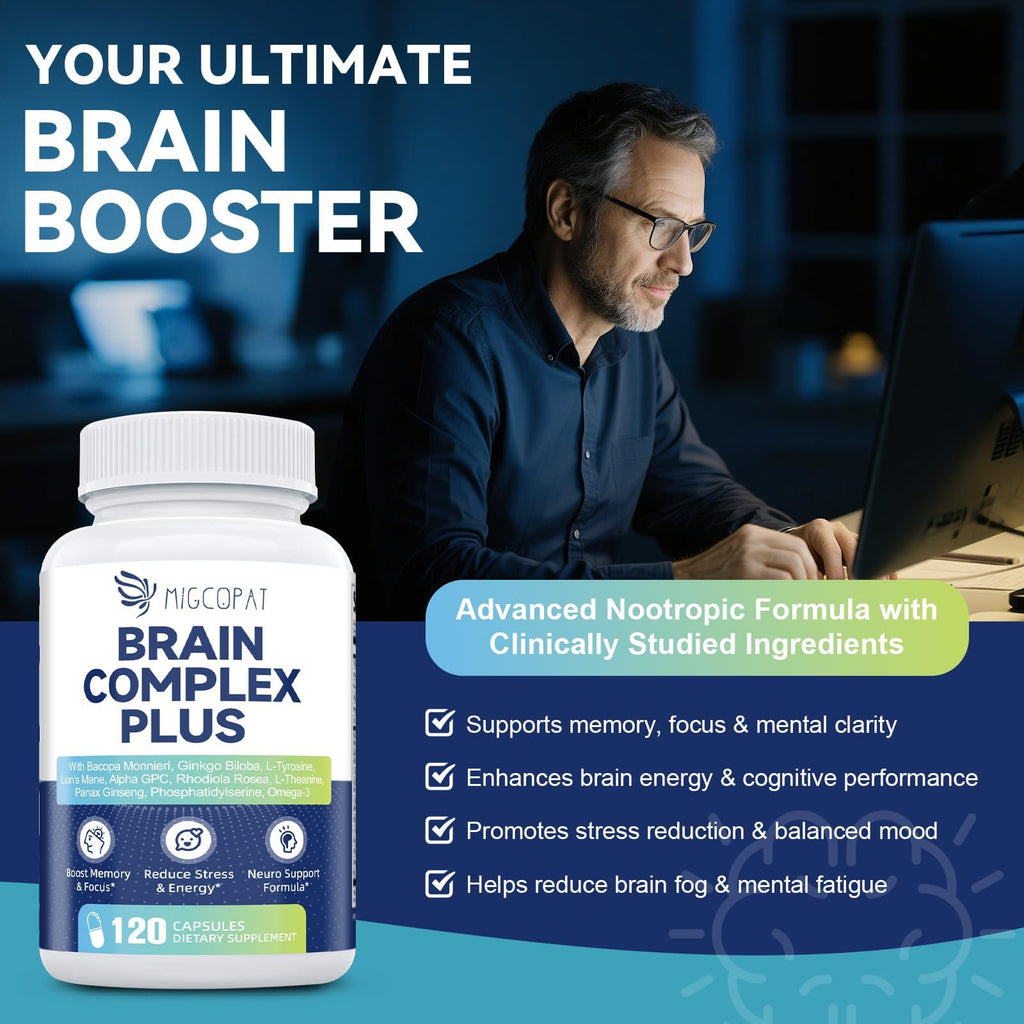 Brain Supplements for Memory and Focus | Nootropic with Bacopa Monnieri, Lion's Mane, Alpha GPC, Ginkgo Biloba | Mental Clarity & Cognitive Support | Vitamin B6 & B12 Neuro Health - Non-GMO, 120 Caps Migcopat Au supplements
