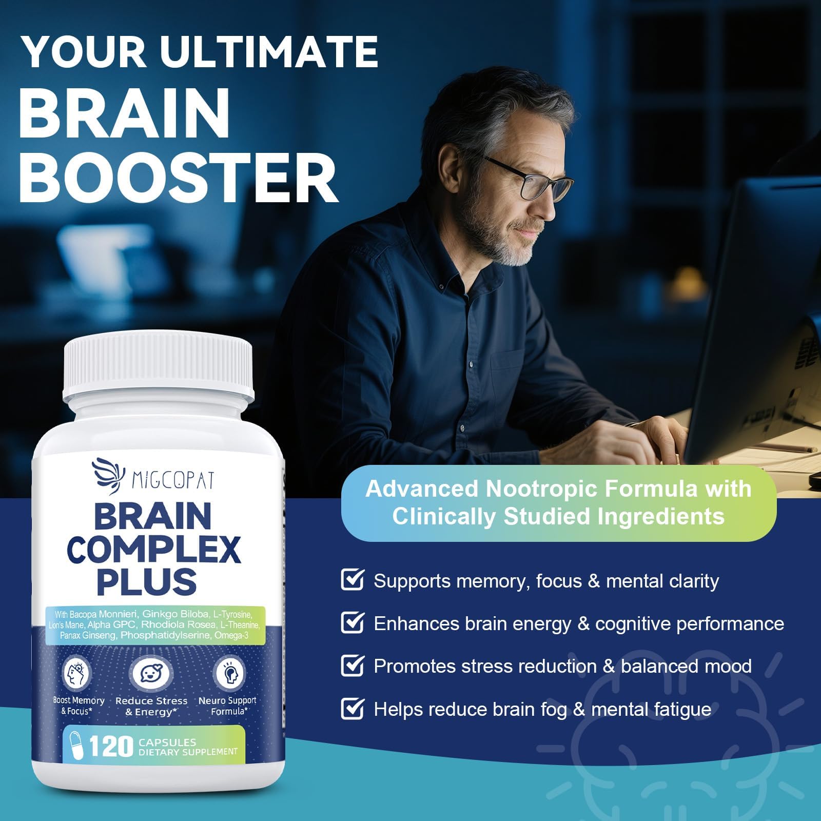 Brain Supplements for Memory and Focus | Nootropic with Bacopa Monnieri, Lion's Mane, Alpha GPC, Ginkgo Biloba | Mental Clarity & Cognitive Support | Vitamin B6 & B12 Neuro Health - Non-GMO, 120 Caps Migcopat Au supplements