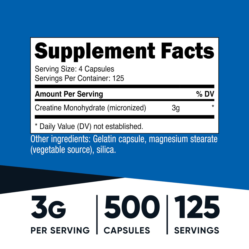 Nutricost Micronized Creatine Monohydrate 3,000mg 500 Capsules, 125 Servings, 750mg of Creatine Monohydrate Per Capsule Nutricost Au supplements