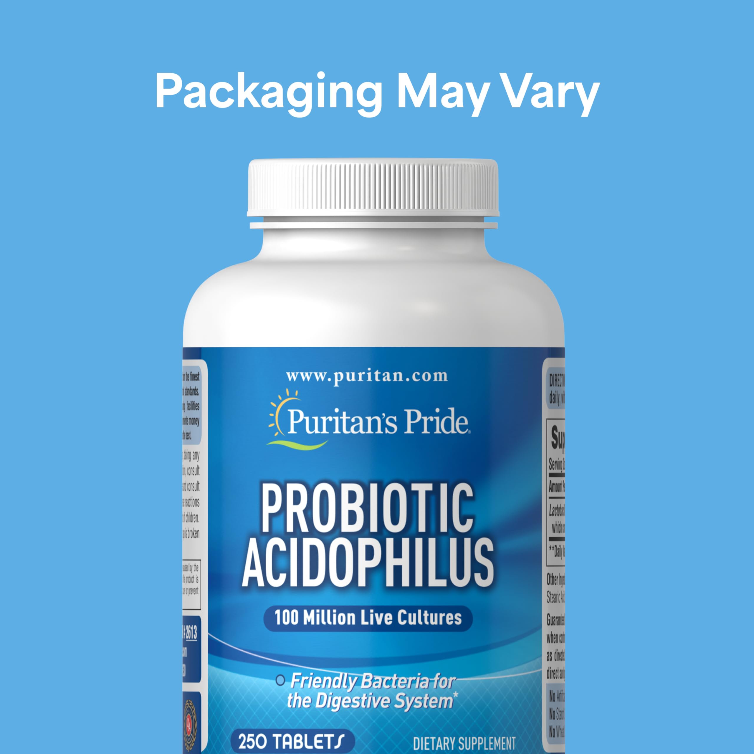 Puritan's Pride Daily Probiotic Acidophilus, 100 Million Live Cultures, Dietary Supplement for Digestive, Gut, and Immune Health, Soy, Sodium,