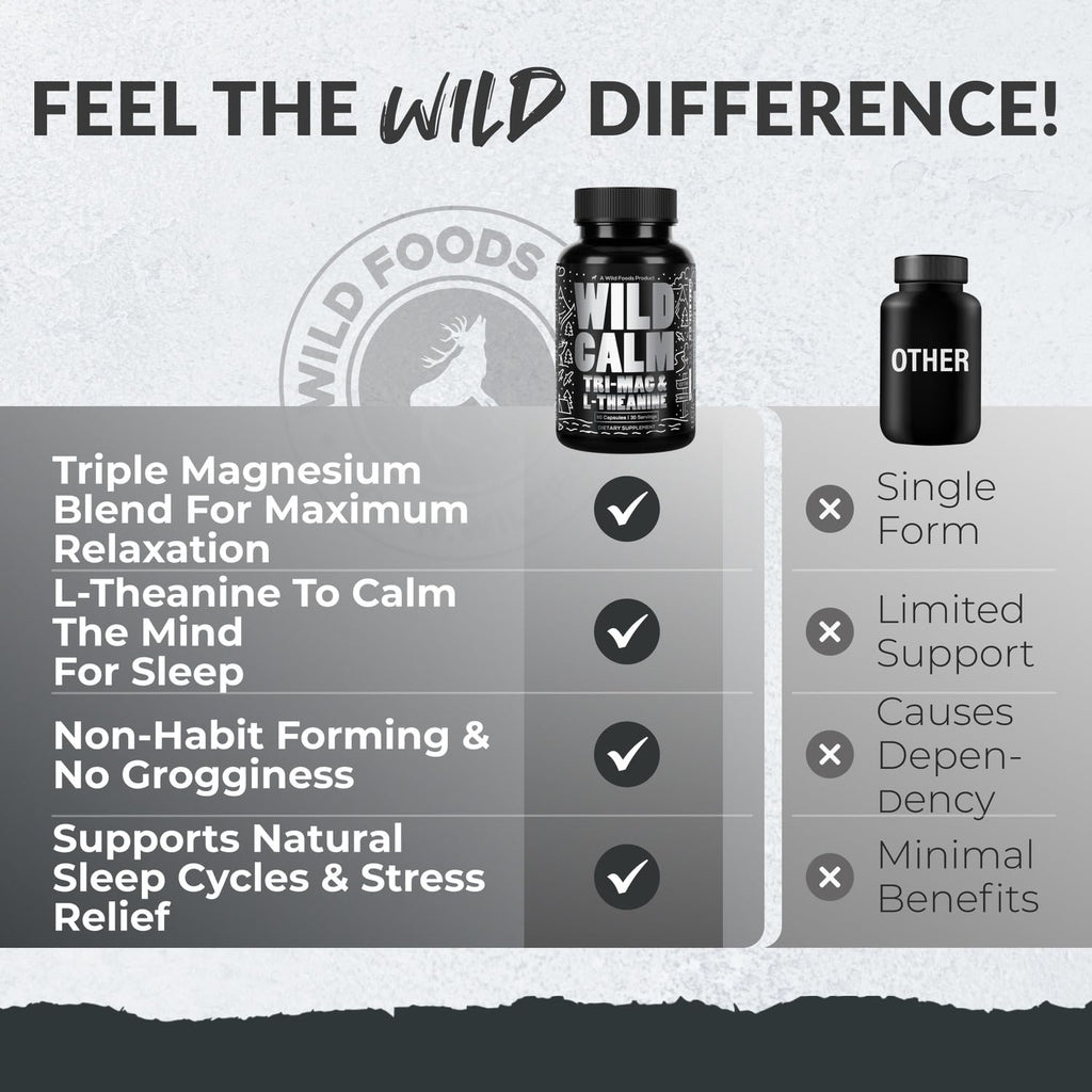 Wild Foods Tri-Mag & L-Theanine – Triple Magnesium Complex for Sleep w/L Theanine – Magnesium Glycinate, Malate, Taurate – 100% Natural – 60 Capsules Wild Foods Au supplements