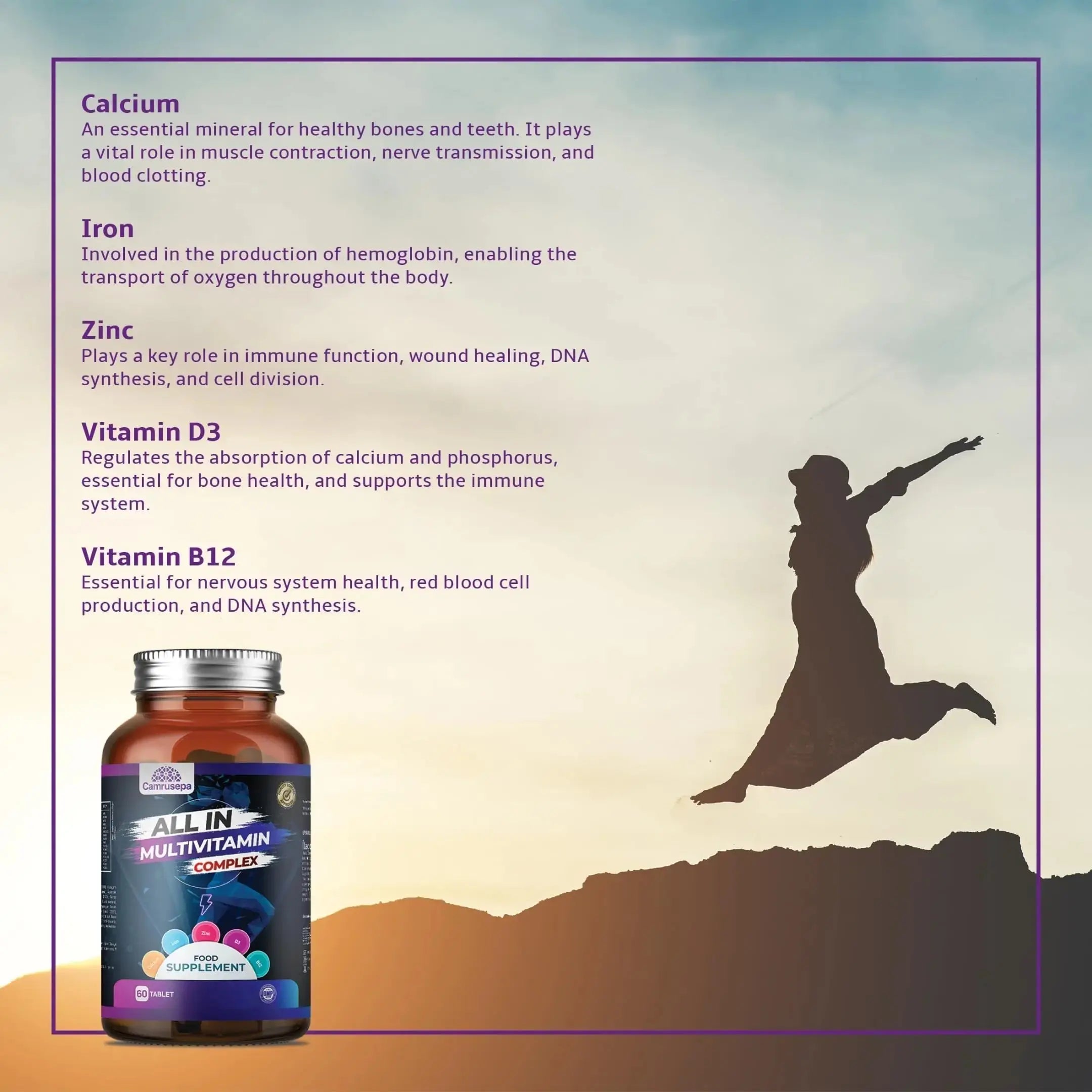 CAMRUSEPA All in Multivitamin Complex – Daily Tablet with Calcium, Iron, Zinc, Vitamin C, B Complex, D3, E, A & More – Complete Daily Nutritional Support for Adults Camrusepa Au supplements