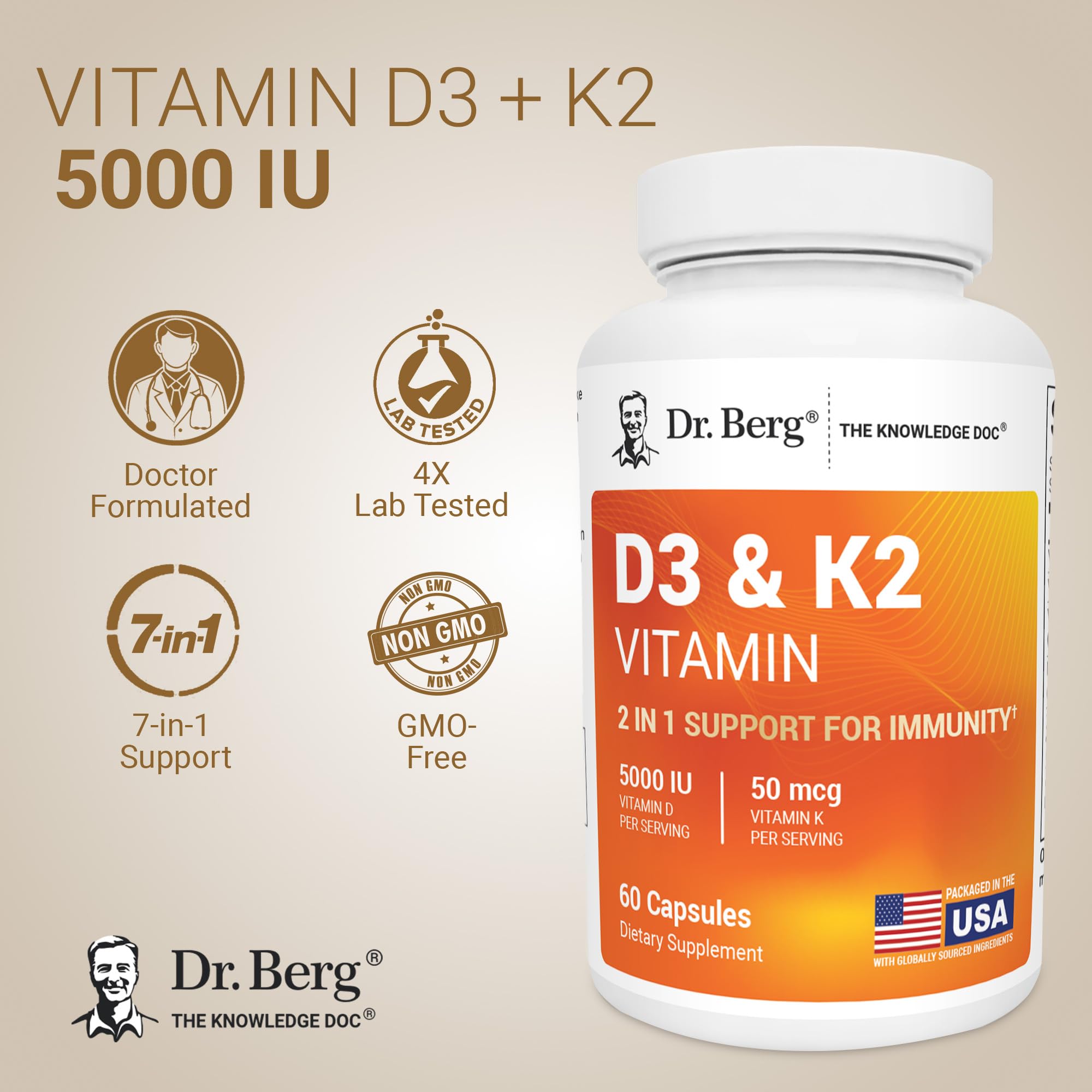 Dr. Berg Maximum Strength 2-in-1 Vitamin D3 K2 5,000 IU | Naturally Derived D3 | 4X Lab-Tested & Verified | High Absorption Formula
