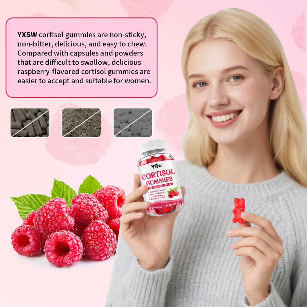 YXSW Cortisol Supplements Gummies for Women Sugar-Free Cortisol Gummies with Magnesium Glycinate Ashwagandha Rhodiola Rose for Relaxation, Focus, Zzz Support, Raspberry Flavor, 60 Count YXSW Au supplements