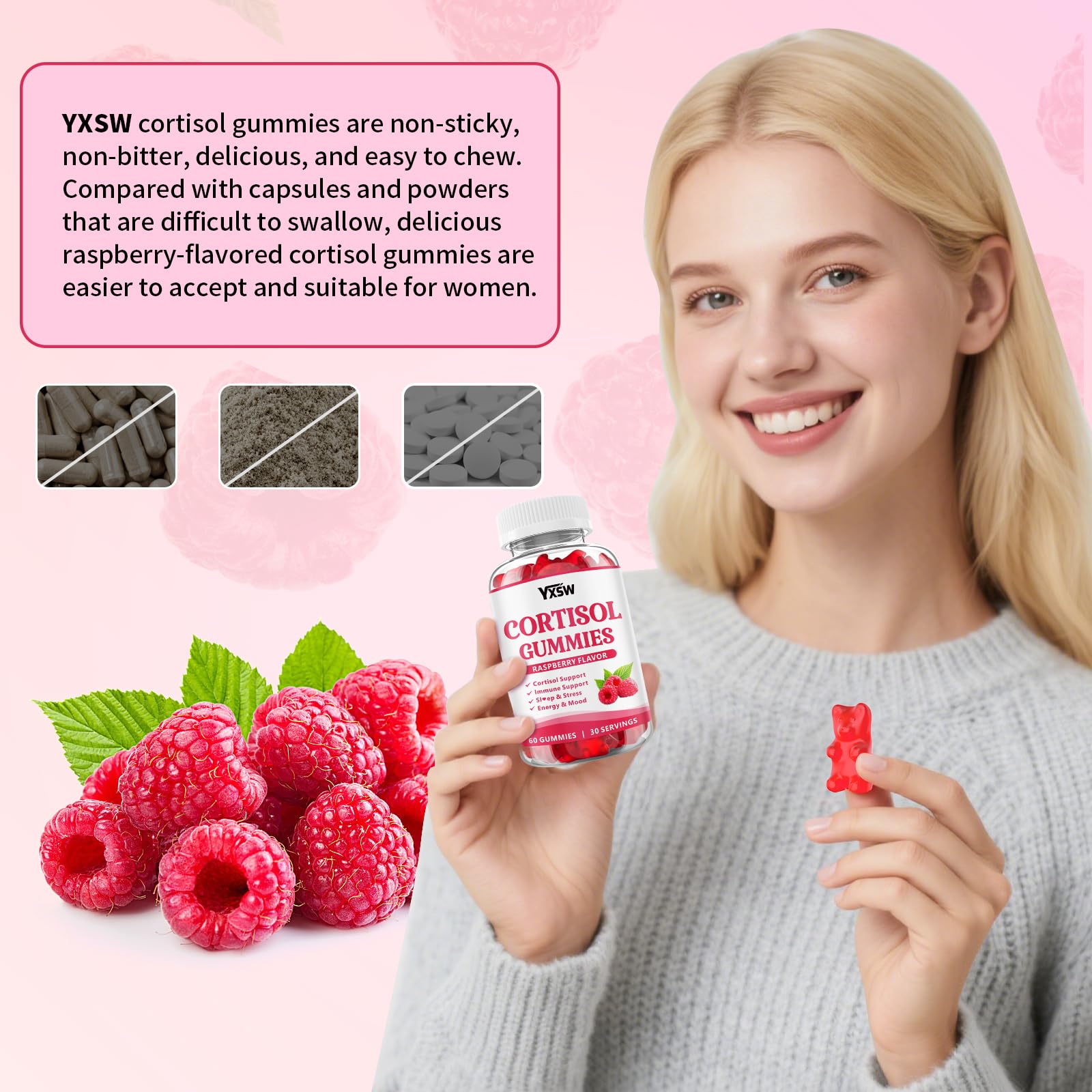 YXSW Cortisol Supplements Gummies for Women Sugar-Free Cortisol Gummies with Magnesium Glycinate Ashwagandha Rhodiola Rose for Relaxation, Focus, Zzz Support, Raspberry Flavor, 60 Count YXSW Au supplements