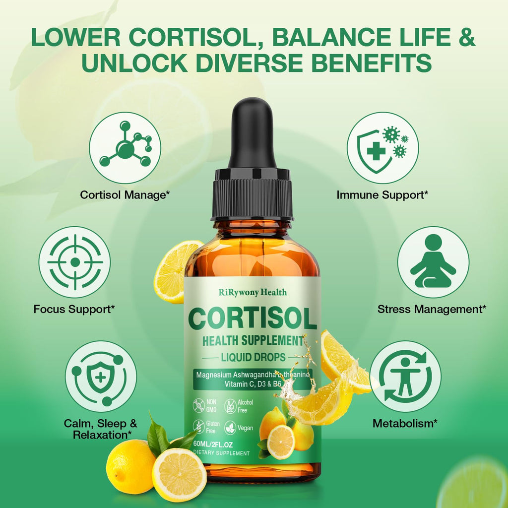 Cortisol Supplement for Women & Men - Cortisol Detox Reducer Magnesium Glycinate, Ashwagandha, L-Theanine, Phosphatidylserine - Hormone Balance for Calm Mood Focus Sleep (2 FL.OZ Lemon) RiRywony Health Au supplements