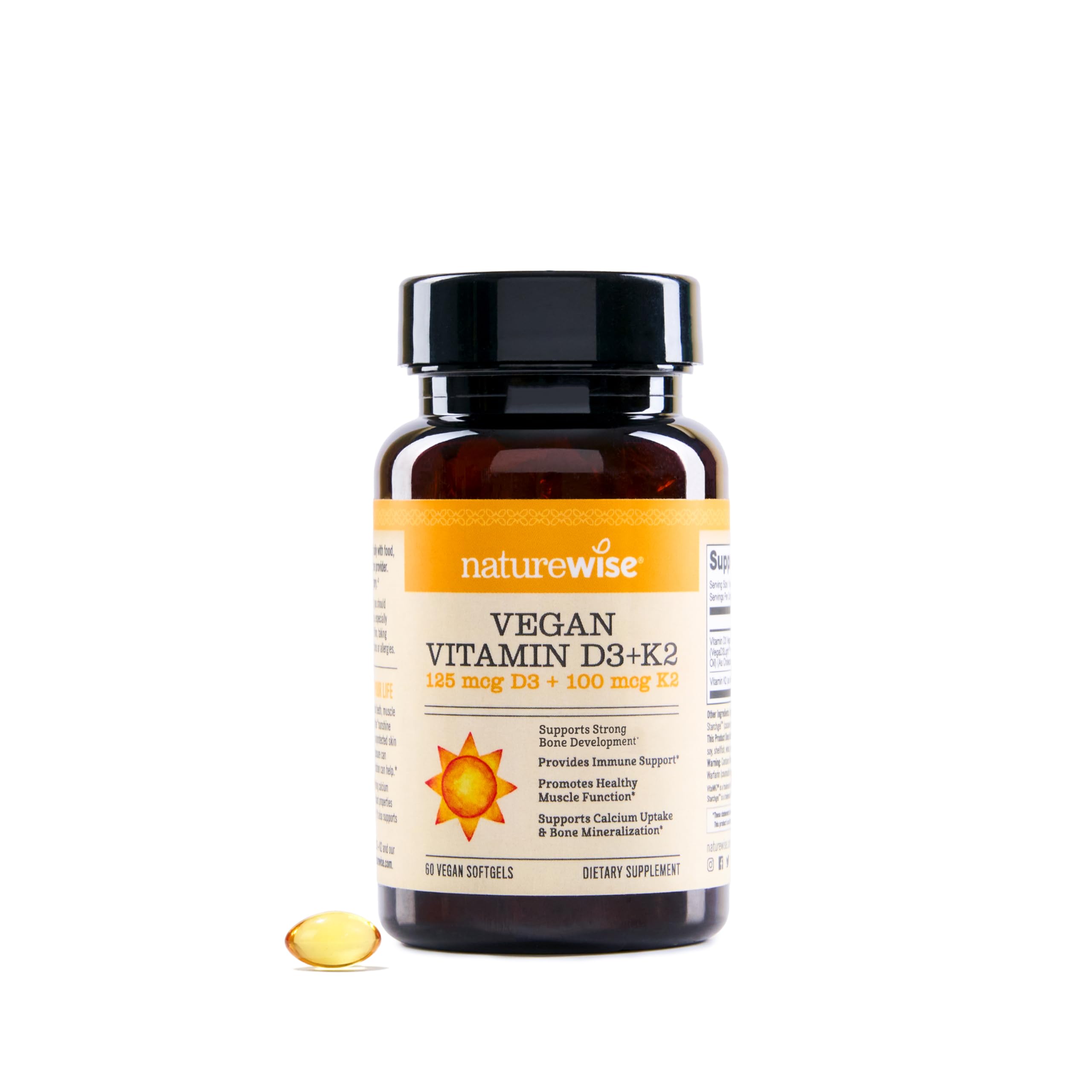 NatureWise Vegan Vitamin D3 + K2 - Natural D3 5000IU + Natural Vitamin K2 100mcg - Bone Support - High Absorption