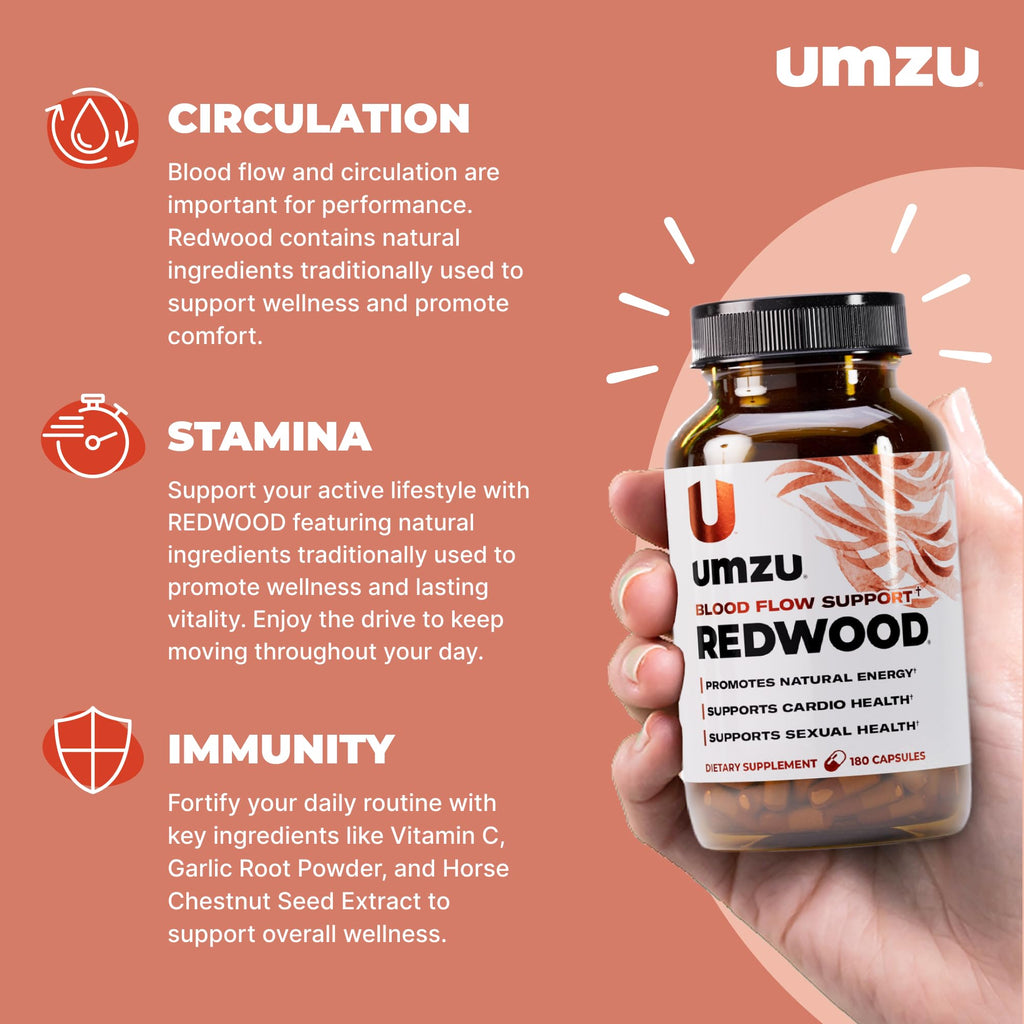 UMZU Redwood Nitric Oxide Booster, (30 Day Supply) – Vitamin C, Garlic & Horse Chestnut – Healthy Circulation & Endurance – Daily Cardiovascular Support Nitric Oxide