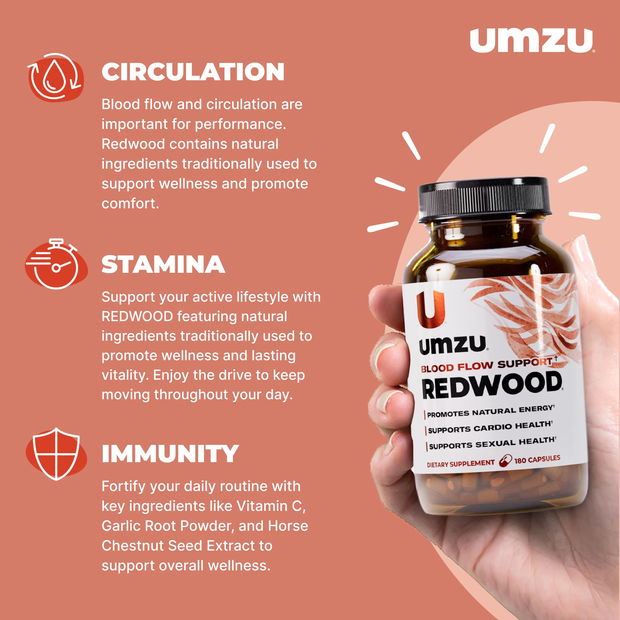 UMZU Redwood Nitric Oxide Booster, (30 Day Supply) – Vitamin C, Garlic & Horse Chestnut – Healthy Circulation & Endurance – Daily Cardiovascular Support Nitric Oxide