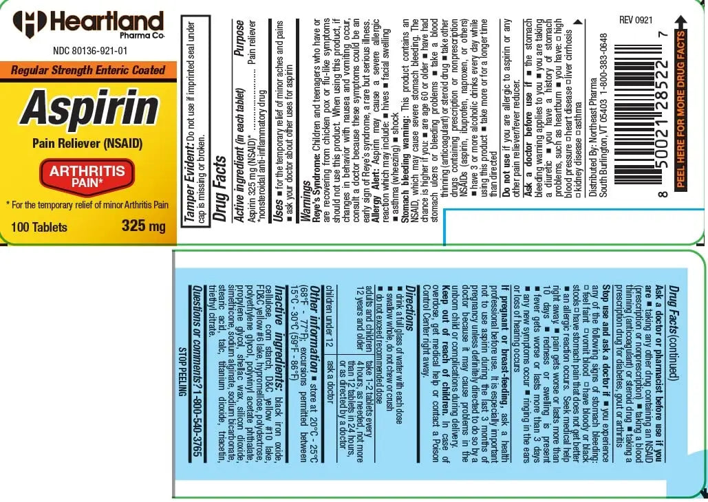 Heartland Pharma Aspirin 325mg Enteric Coated Tablets | Original Strength NSAID Pain Reliever & Fever Reducer | Joint Pain Relief for Arthritis | Child-Resistant Safety Cap | Made in USA | 100 Count Heartland Pharma Au supplements
