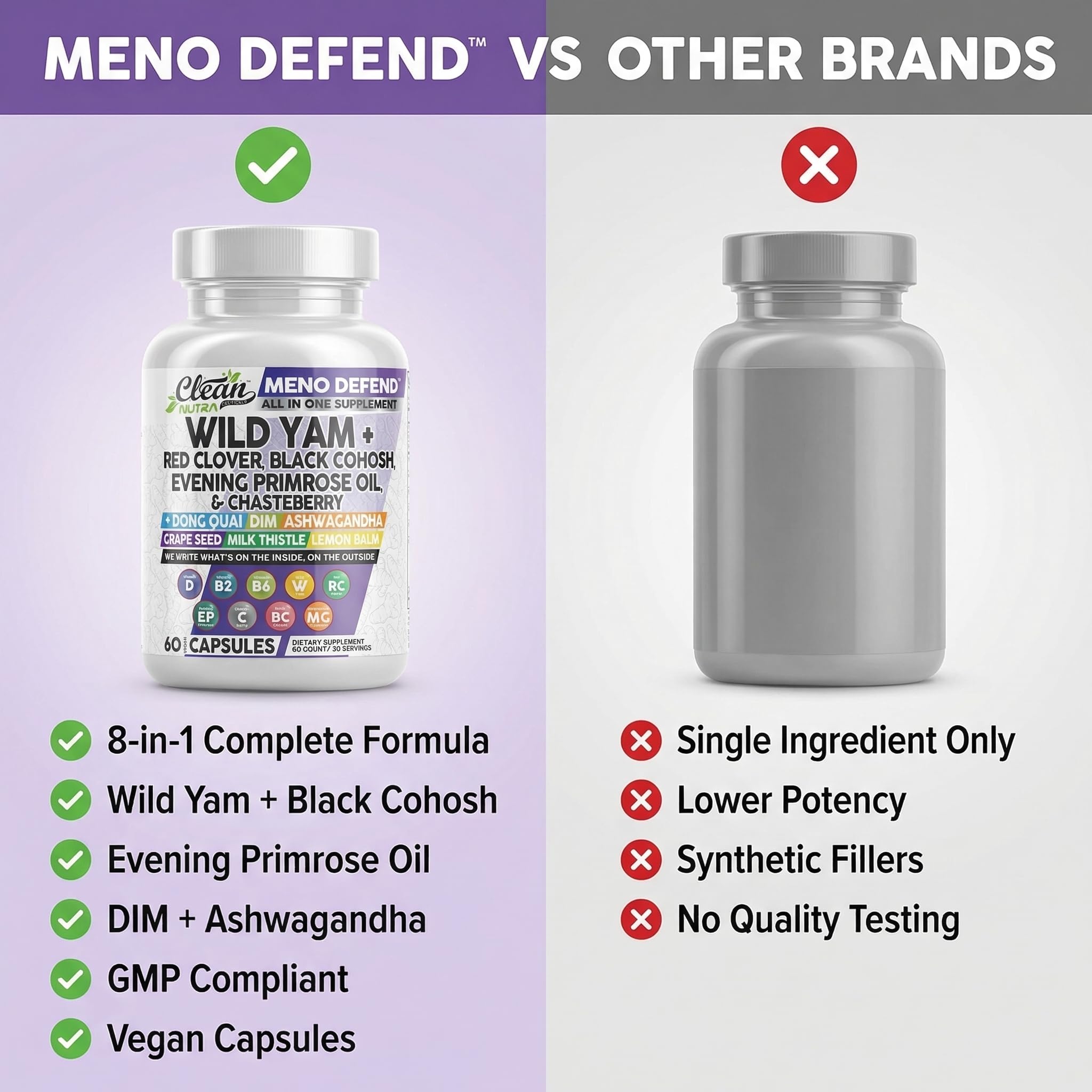 Clean Nutra Wild Yam Root Capsules with Red Clover Black Cohosh Evening Primrose Oil Chasteberry Dong Quai DIM Ashwagandha Grape Seed Extract Milk Thistle Lemon Balm