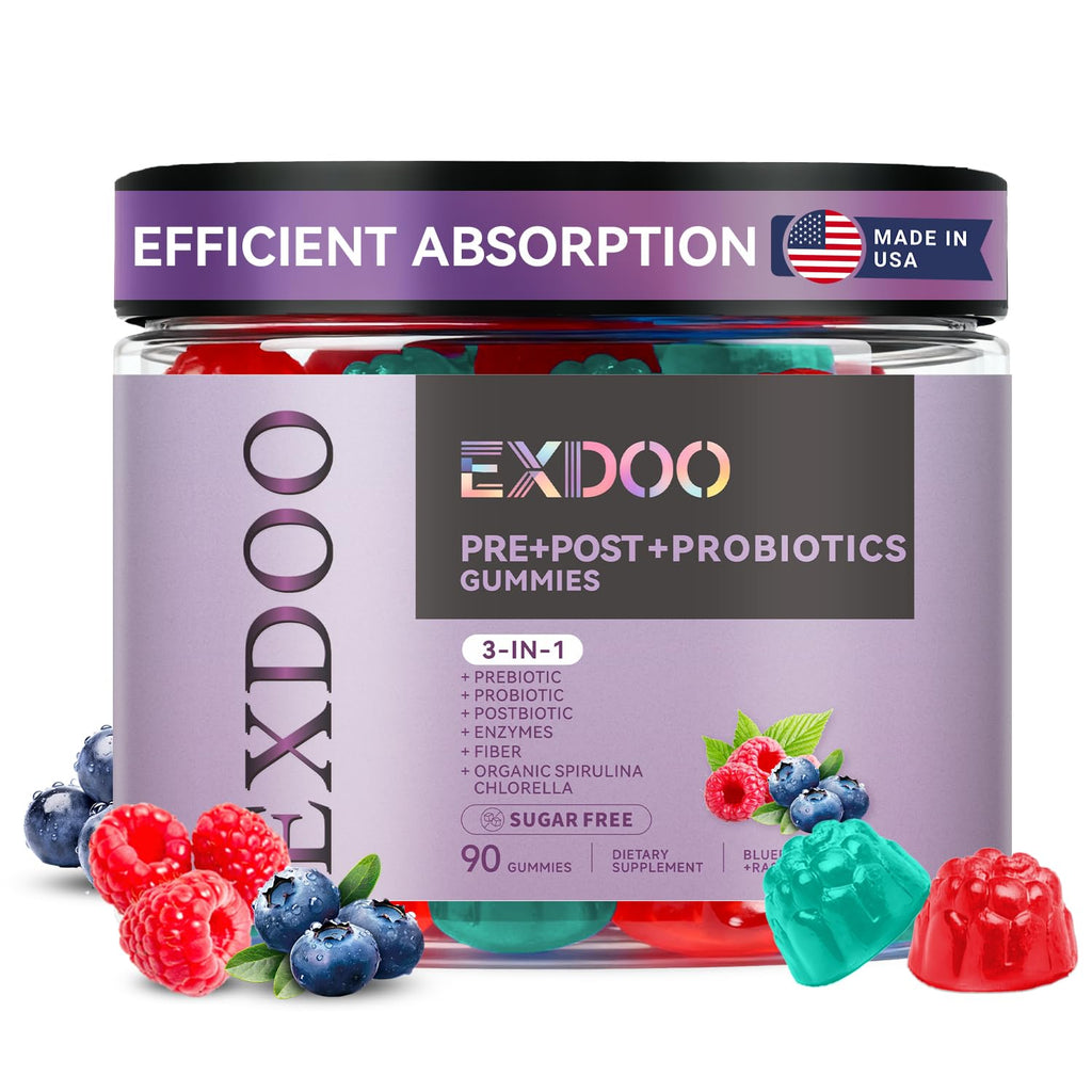 exdoo 3-in-1 Probiotic Gummies Prebiotic+Probiotic+Postbiotic with Organic Spirulina Chlorella Immune Gut & Digestive Support 90 Count exdoo Au supplements