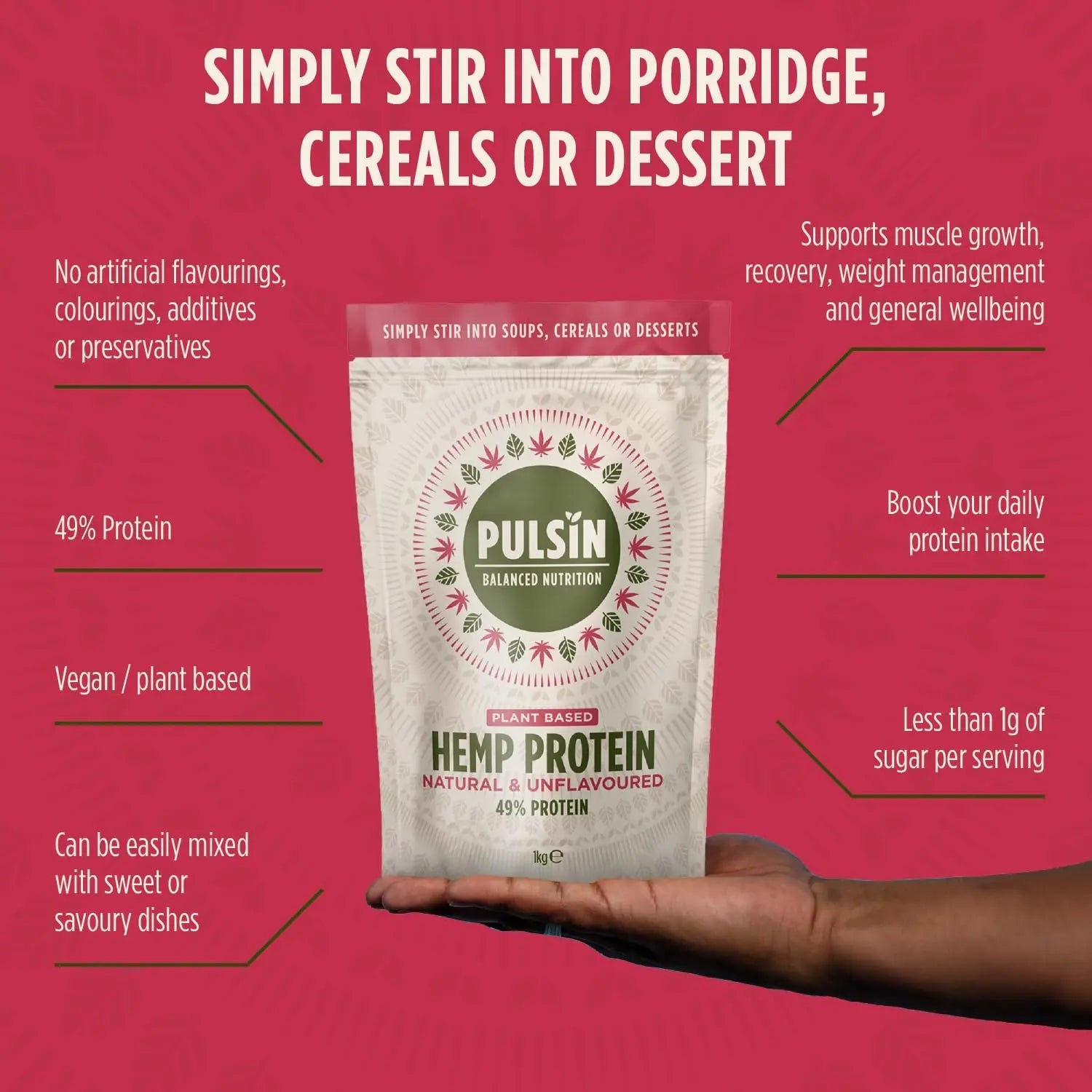 Pulsin - Natural Unflavoured Vegan Hemp Protein Powder - 1kg - 4.9g Protein, 0.4g Carbs, 35 Kcal Per Serving Pulsin Au supplements
