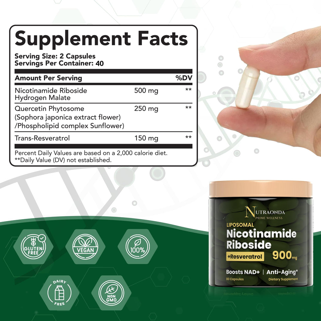 NUTRAONDA Liposomal Nicotinamide Riboside 900mg Resveratrol & Quercetin – NAD Supplement Plus for Anti Aging, Cellular Energy & Improve Health- 80 Capsules NUTRAONDA Au supplements