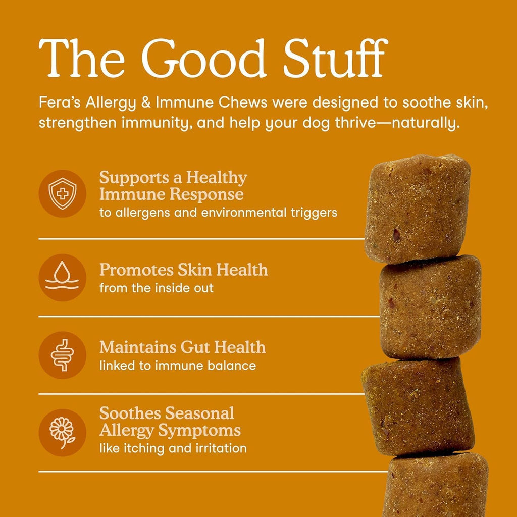 Fera Pets Dog Allergy and Immune Support with Organic Mushrooms, Postbiotics & Colostrum - Promotes Skin & Gut Health - Soothes Seasonal Allergy Symptoms - 30 Soft Chews Fera Pets Au supplements