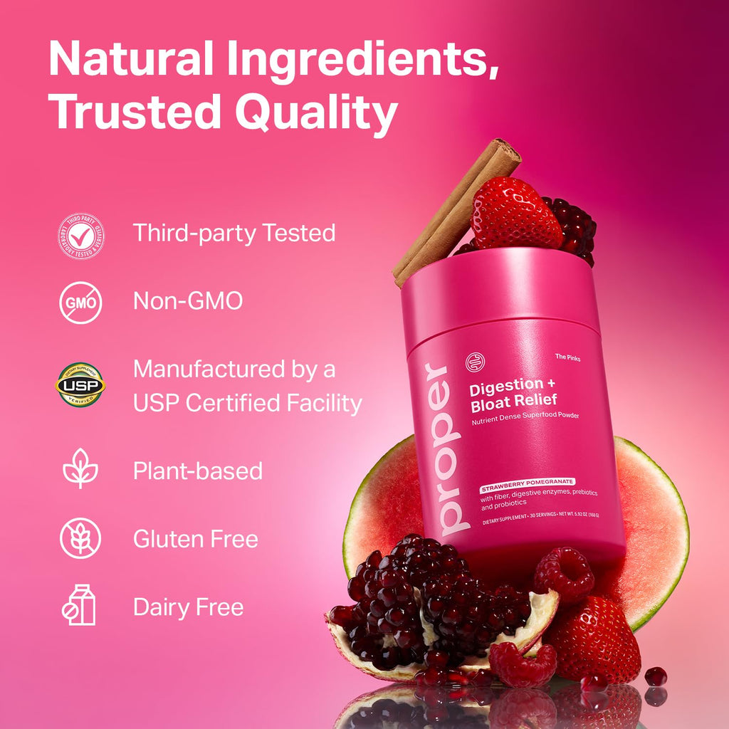 Proper, The Pinks Digestion and Bloat Relief. Drink Mix with Gut Health Probiotics, Prebiotics, Beet Root & Enzymes for Digestive Support. Bloating and Microbiome