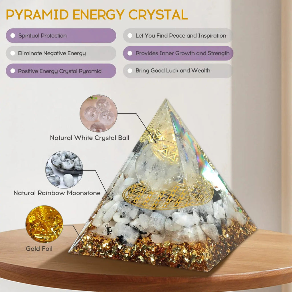 Hopeseed Orgone Pyramid for Positive Energy, Orgonite Rainbow Moonstone&White Crystal Hopeseed Au supplements
