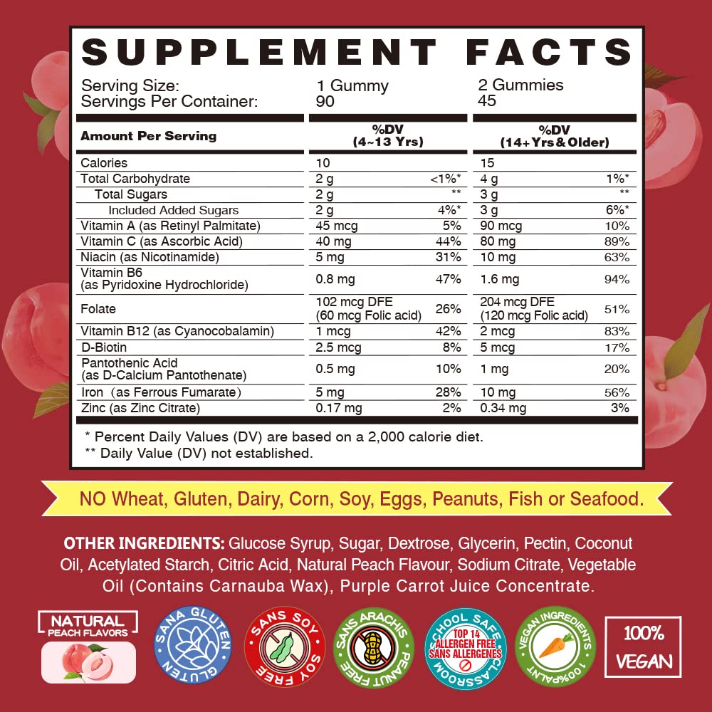 Vegan Iron Gummies Supplement - with Vitamin C, A, B-Complex, Folate, Zinc for Adults & Kids - Health Blood & Energy Support for Iron Deficiency,
