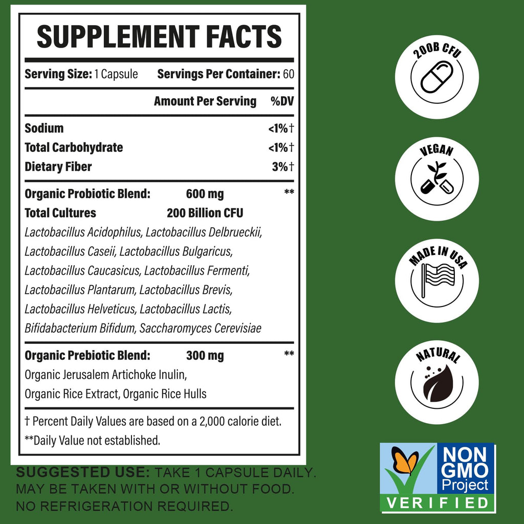 Probiotics for Women & Men, 200 Billion CFU 12 Strains with 3 Organic Prebiotics and Probiotics for Digestive Health Gut, Immune, Bloating & Gas, Energy, Overall Health, Shelf Stable - 2 Month Supply Cfuful Au supplements