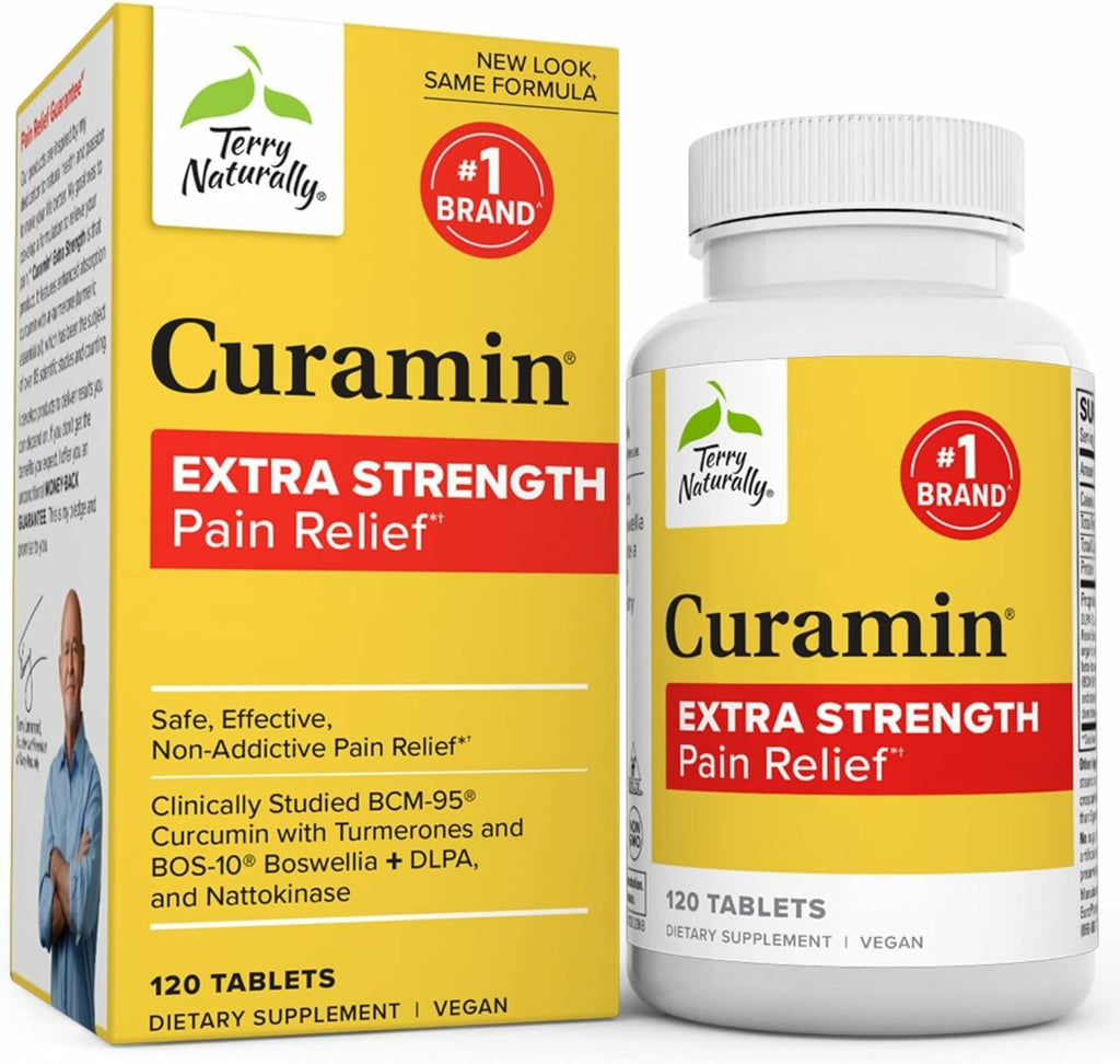 Terry Naturally Curamin Extra Strength - 120 Vegan Tablets - Non-Addictive Pain Relief Supplement with Curcumin from Turmeric