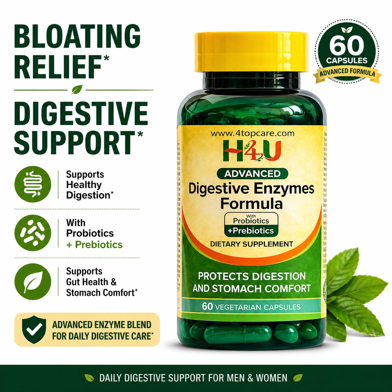 H4U Advanced Digestive Enzymes with Probiotics & Prebiotics – Multi Enzyme Supplement for Gut Health, Digestion Support, Bloating Relief & Stomach Comfort,