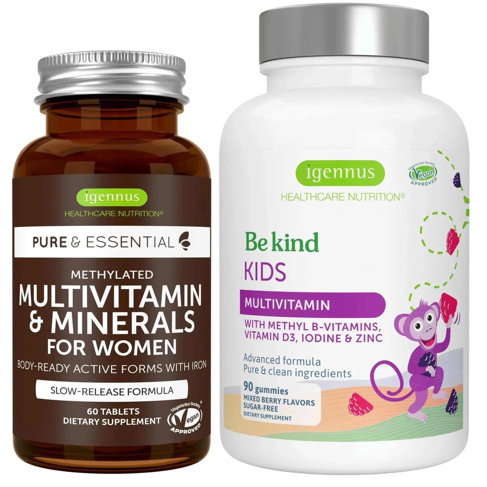 Multivitamin & Minerals for Women + Advanced Kids Multivitamin Gummy Vegan Bundle, with Methylated B-Vitamins, Vitamin A, C, D3 & E Igennus Healthcare Nutrition Au supplements