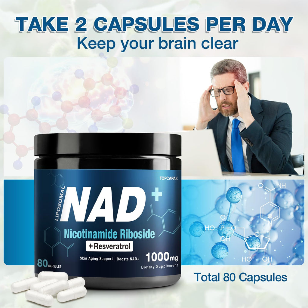 NAD+ Supplement 1000mg - Nicotinamide Riboside (NR) and Resveratrol, Liposomal NAD of Pure Organic Ingredients for Women & Men Healthy Aging, Brain and Cellular Energy, 80 Capsules TOPCAPAK Au supplements