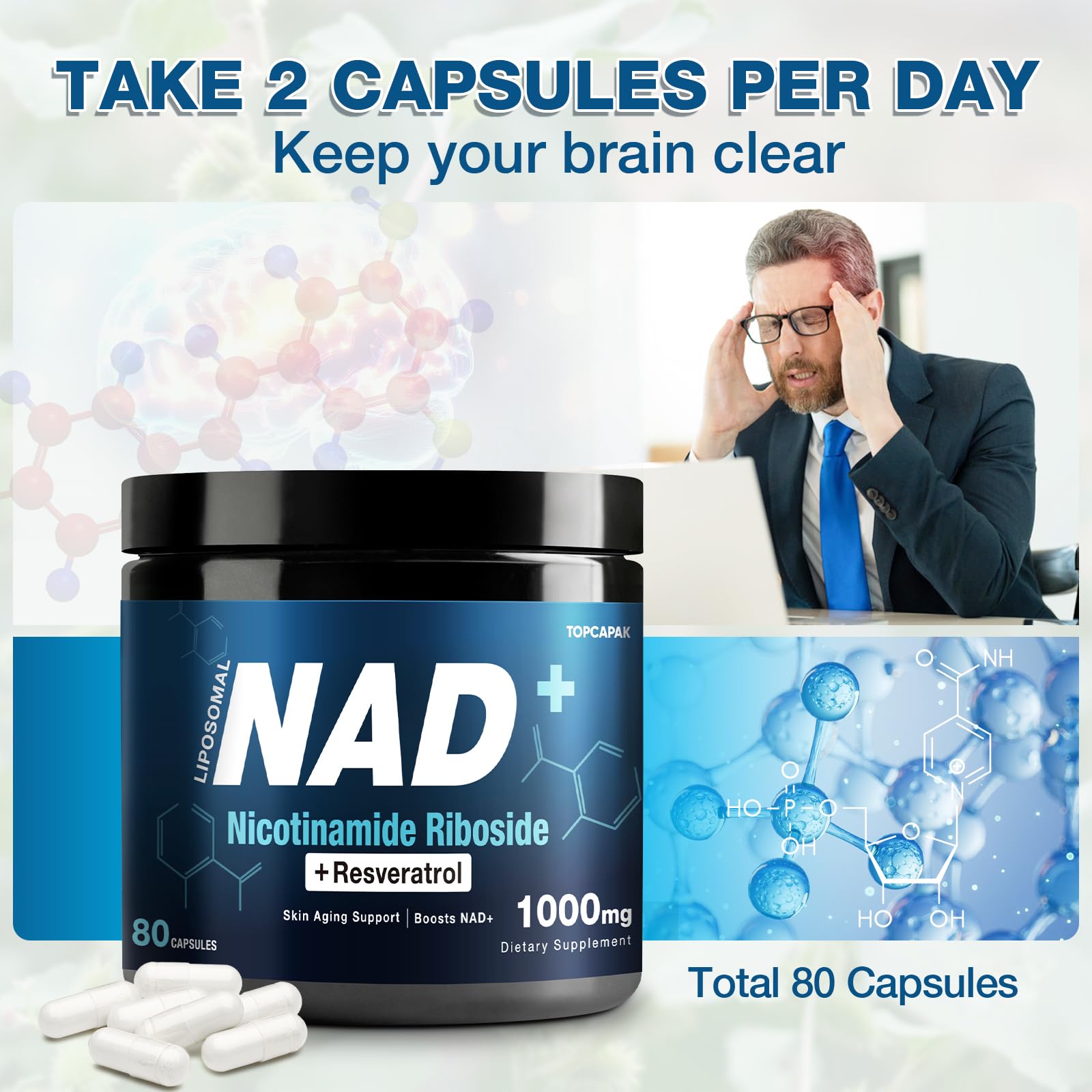 NAD+ Supplement 1000mg - Nicotinamide Riboside (NR) and Resveratrol, Liposomal NAD of Pure Organic Ingredients for Women & Men Healthy Aging, Brain and Cellular Energy, 80 Capsules TOPCAPAK Au supplements